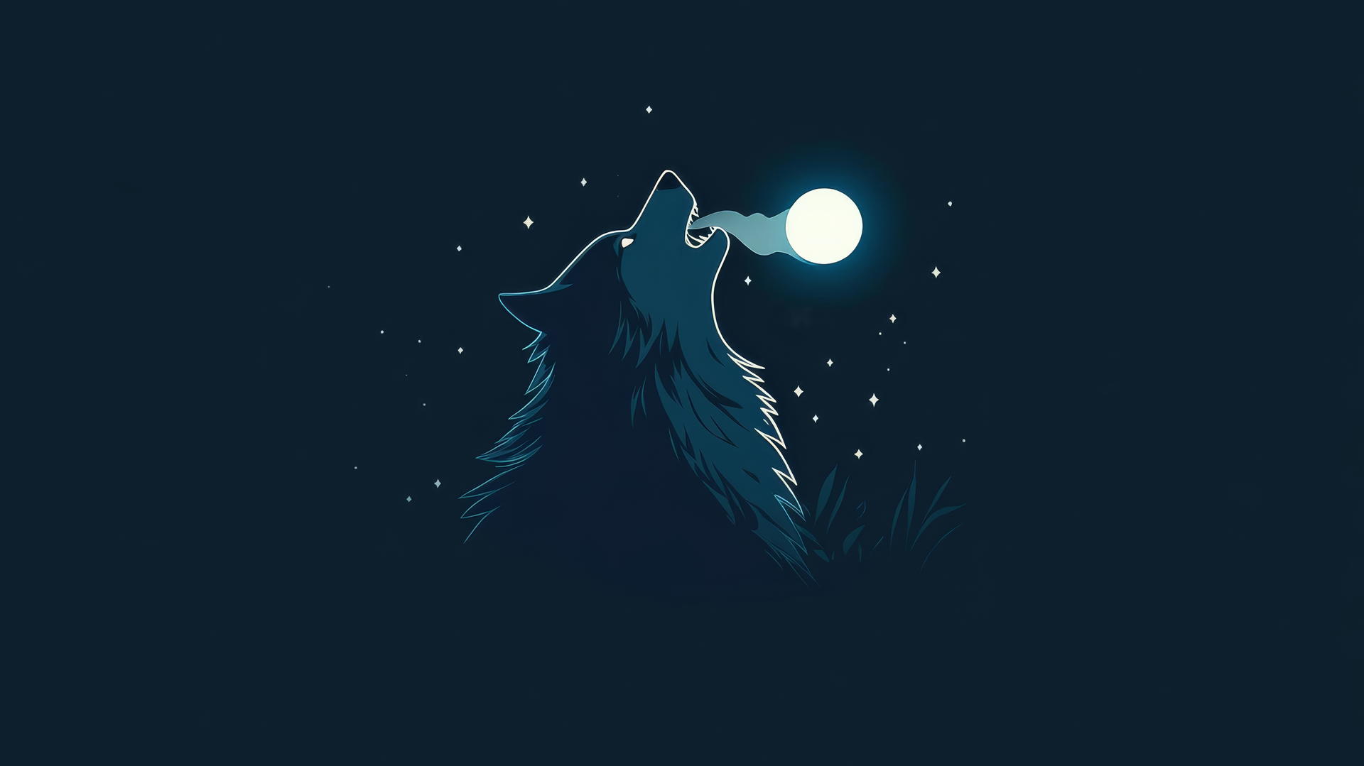 Howling wolf with glowing breath under a faintly glowing moon and stars.