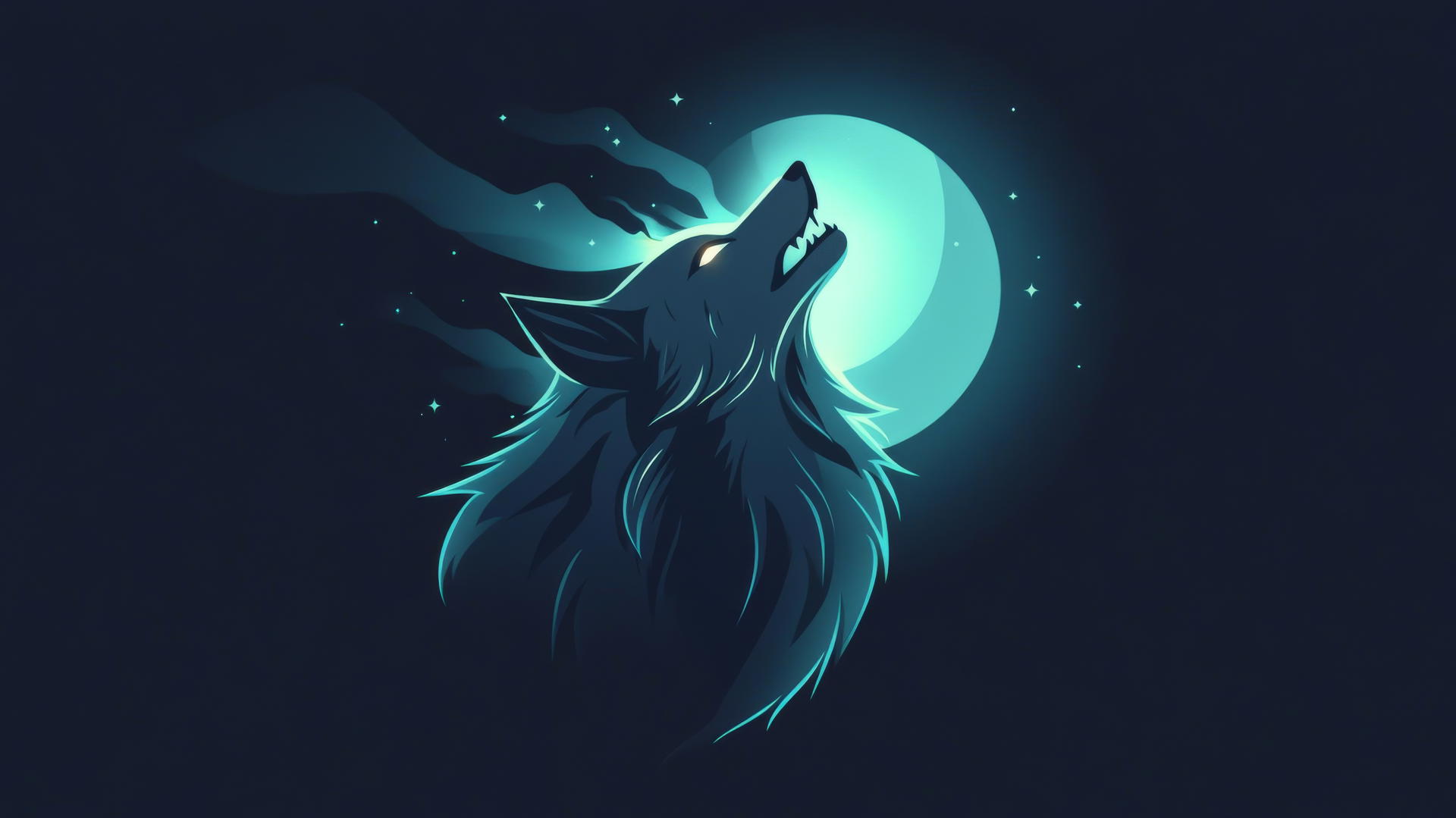 Minimalist howling wolf with glowing breath, moon, and stars in dark sky