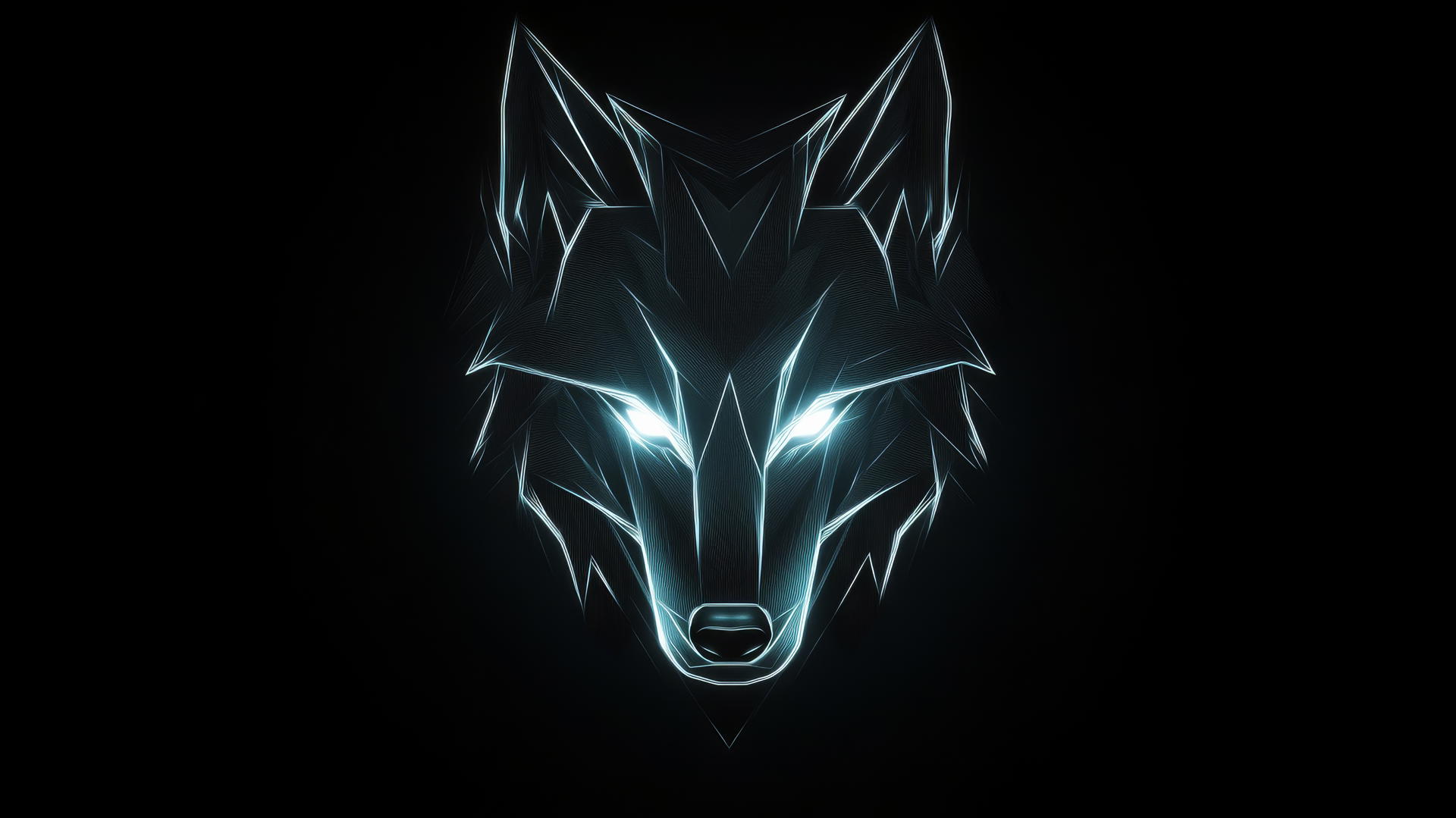 Simple geometric wolf head with glowing lines on black background