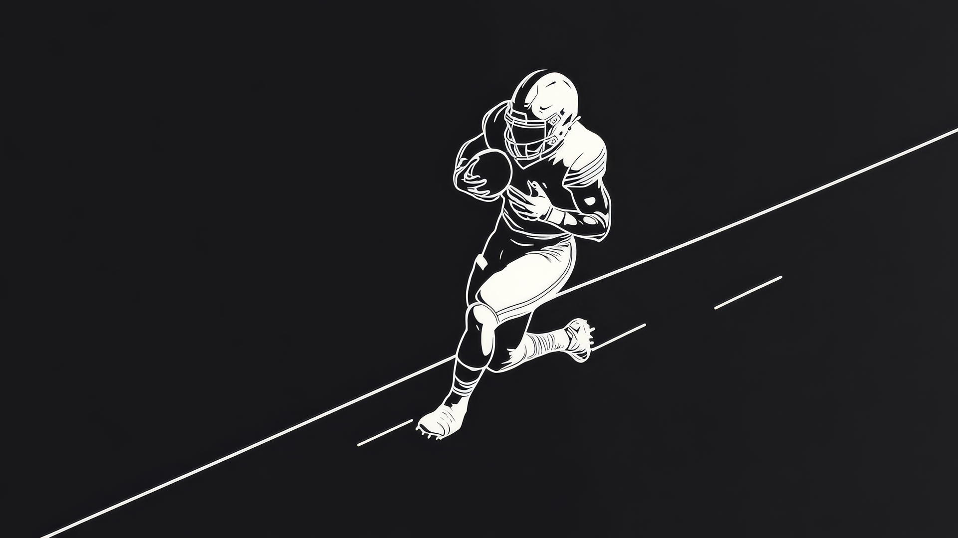 Minimalist running back sprinting with glowing outlines on flat field