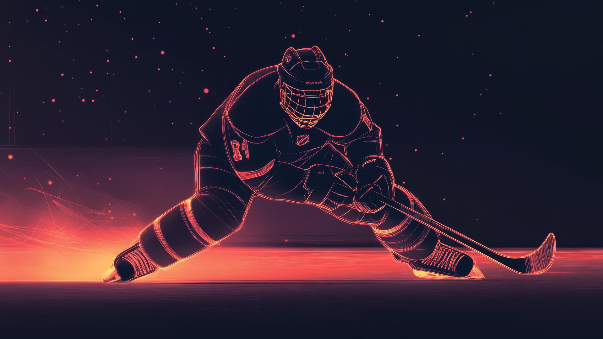 Minimalist design of a hockey goalie making a glove save with glowing outlines.