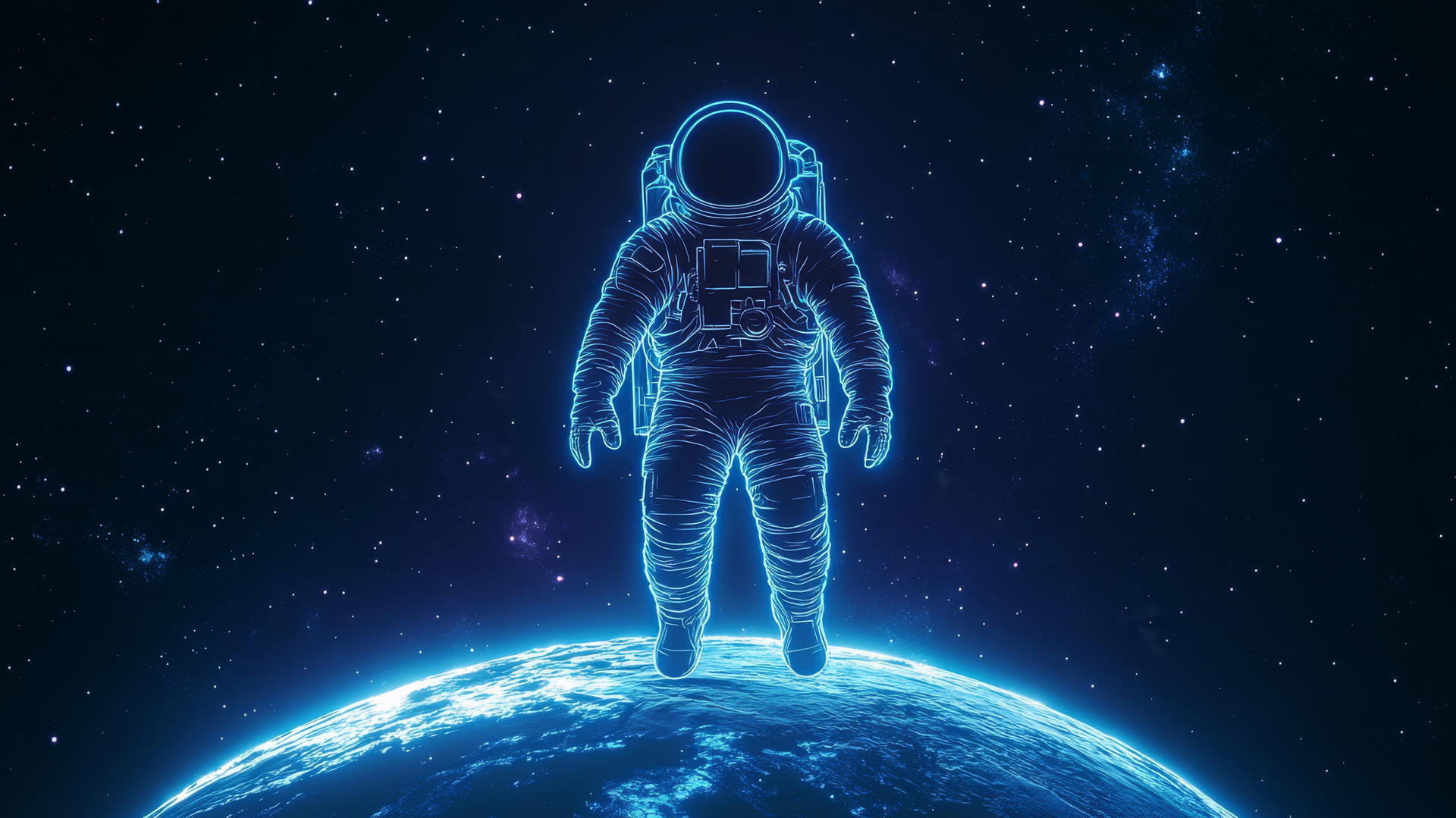 Neon outline of astronaut floating in front of illuminated planet with stars
