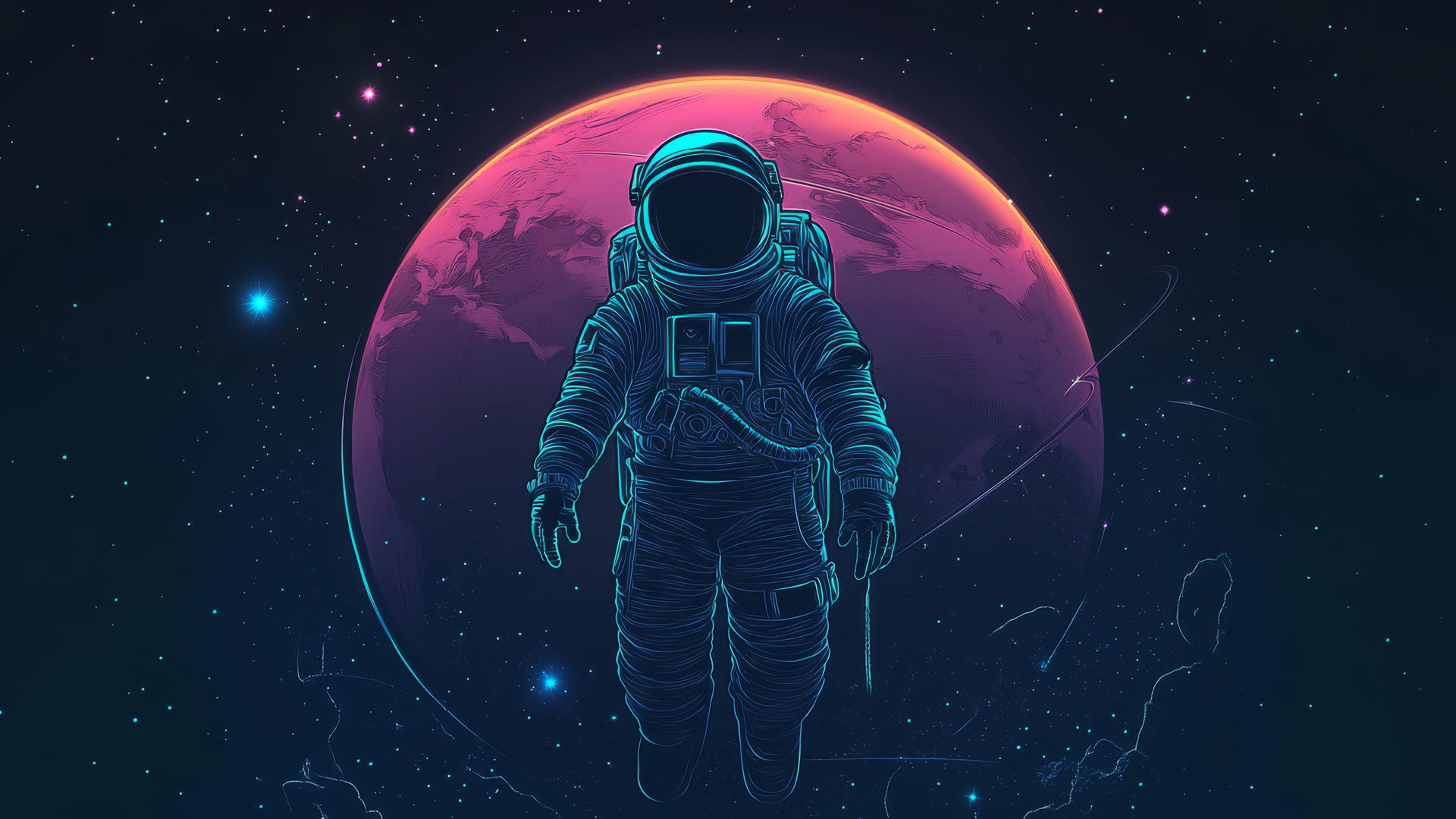 Neon outline of astronaut floating before illuminated planet, stars in dark sky