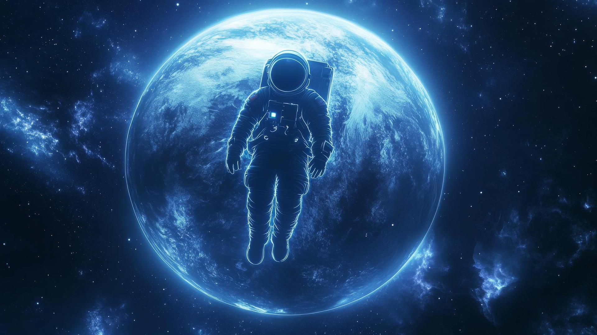 Glowing neon outline of astronaut floating before illuminated planet with stars