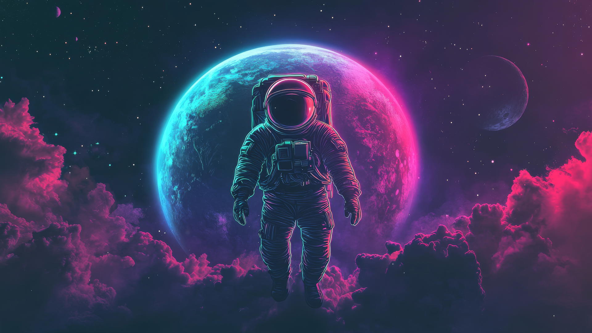 Neon-outlined astronaut floating before an illuminated planet with stars in dark sky