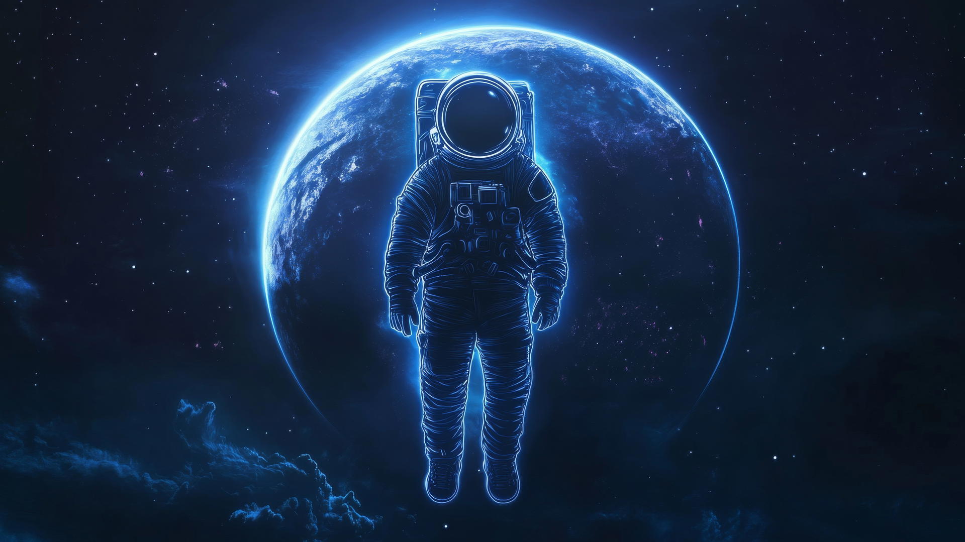 Neon outline of astronaut floating before illuminated planet with stars