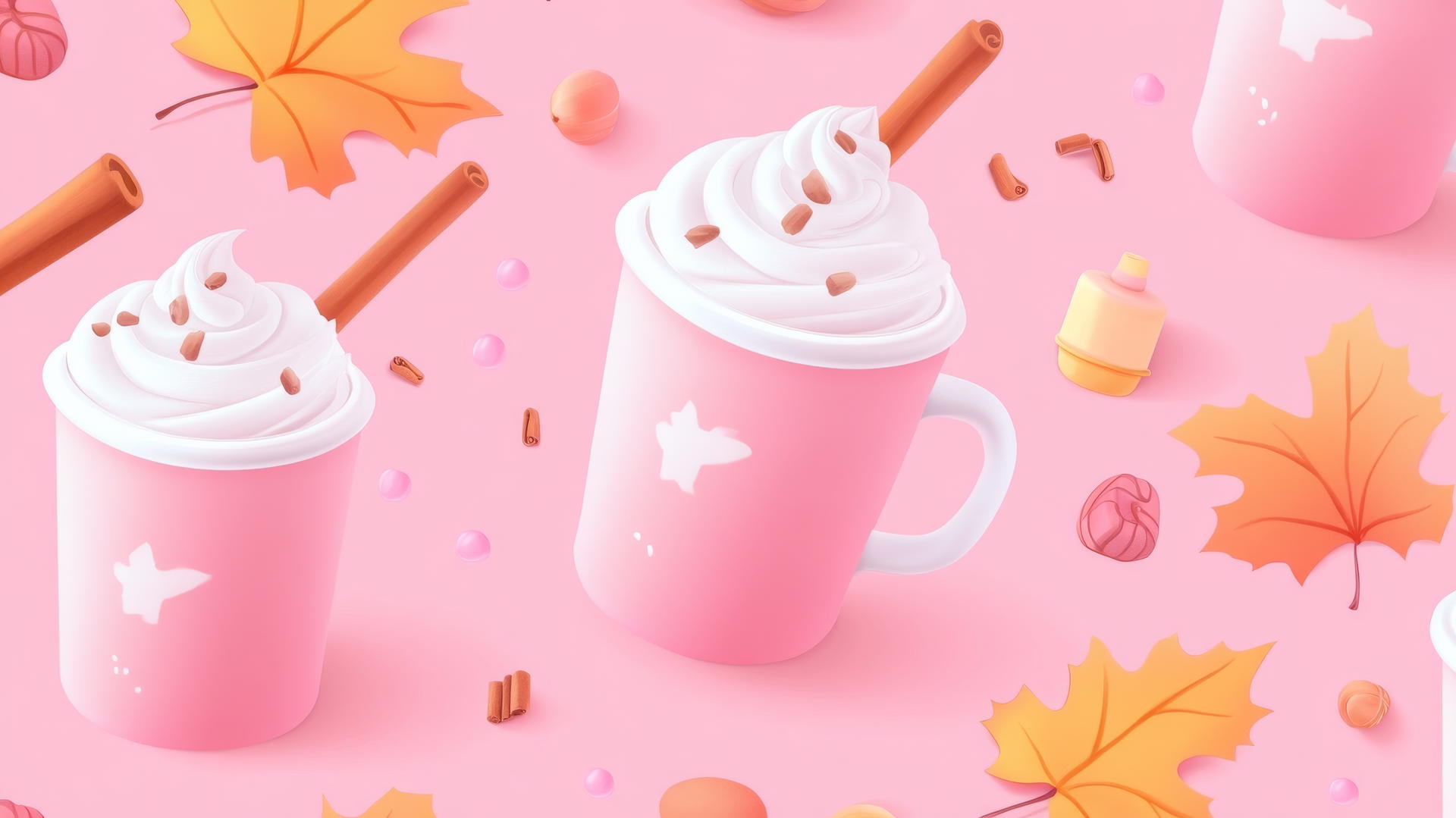 Seamless pattern of pumpkin spice lattes and autumn elements on pink