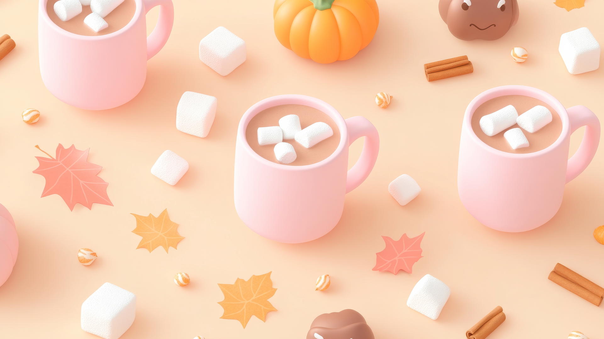 Pastel cocoa mugs with marshmallows on brown background