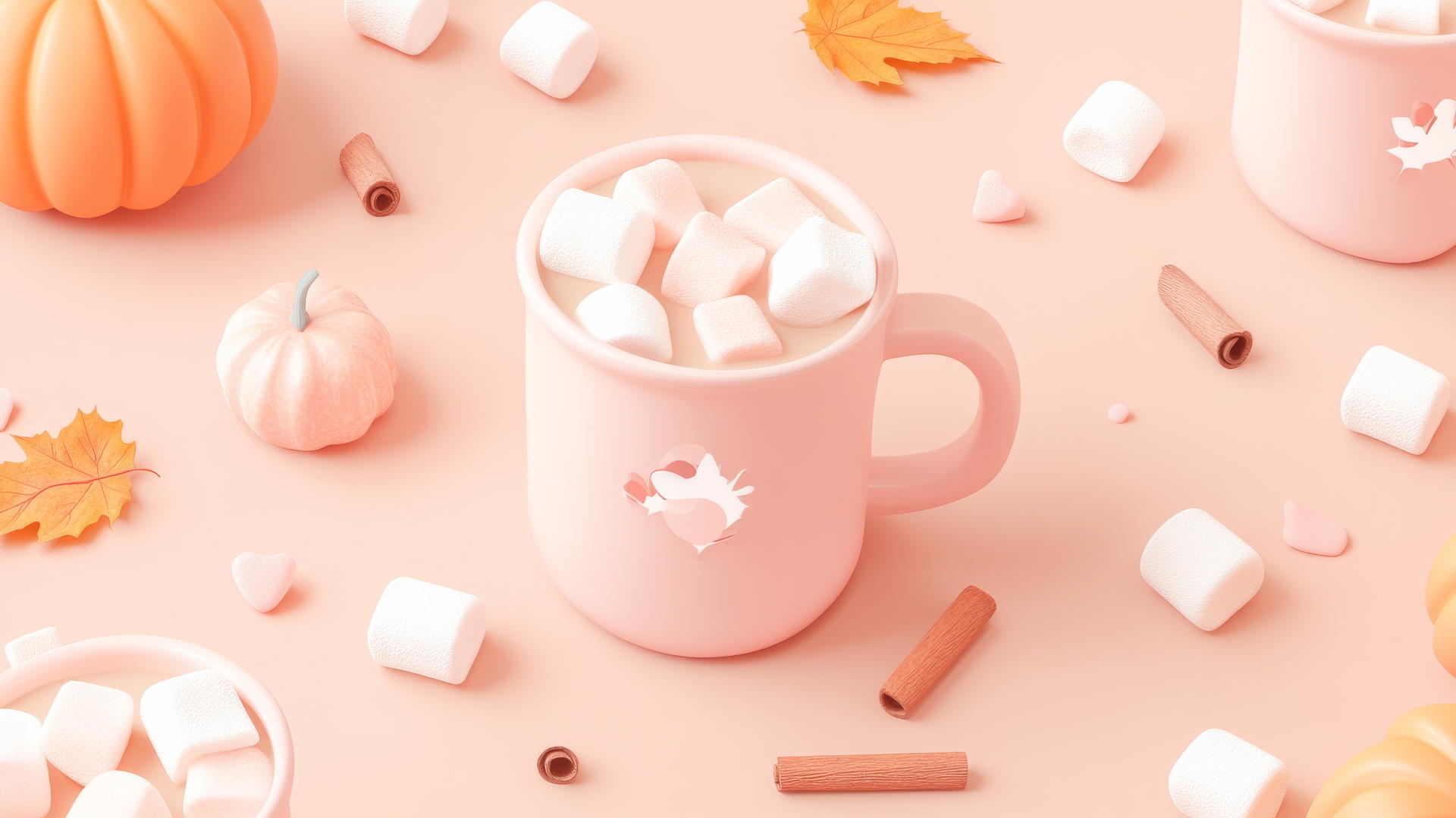 Pattern of pastel mugs, marshmallows, cinnamon, leaves, pumpkins on brown