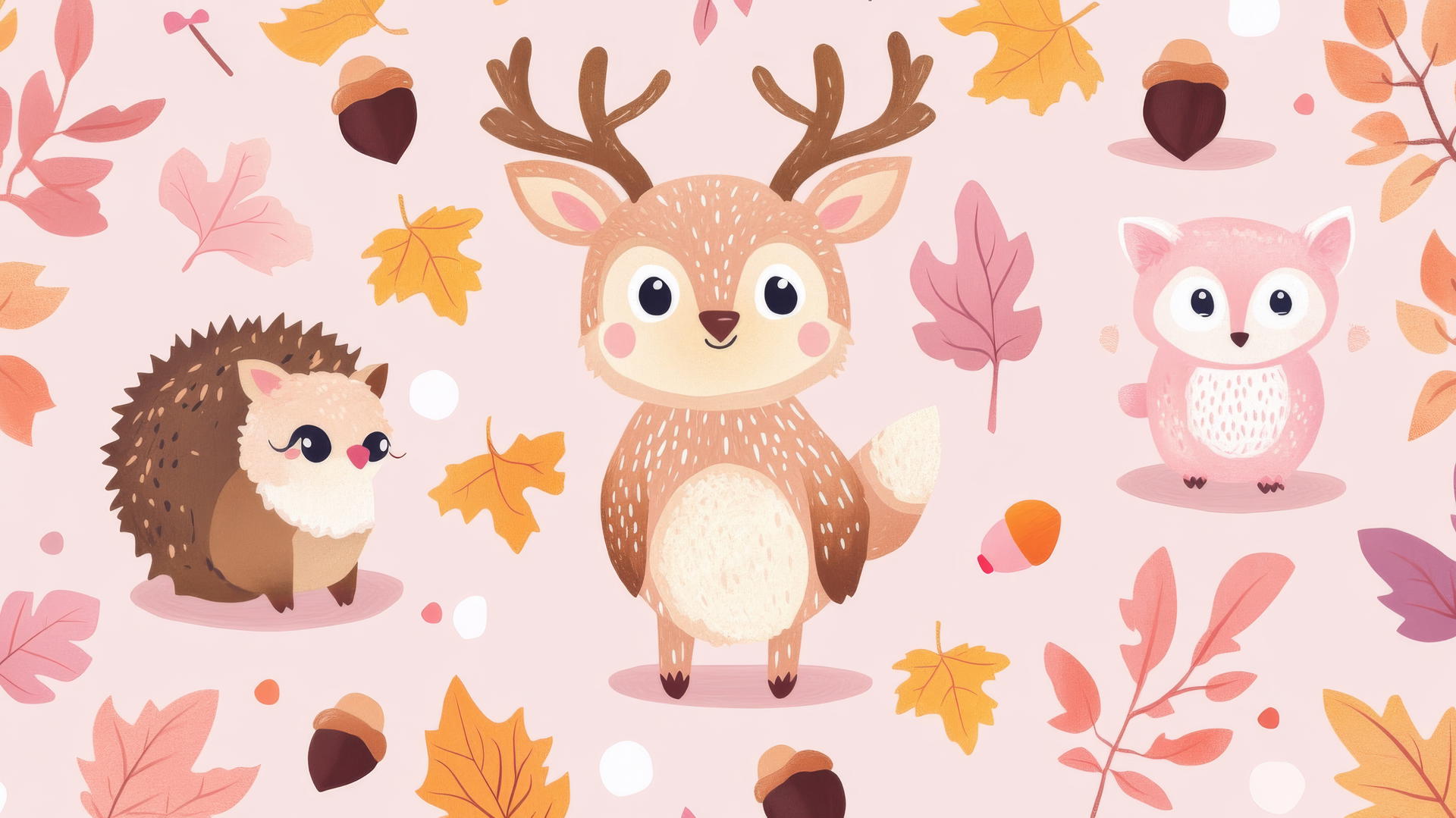 Woodland animals with autumn leaves in pastel colors
