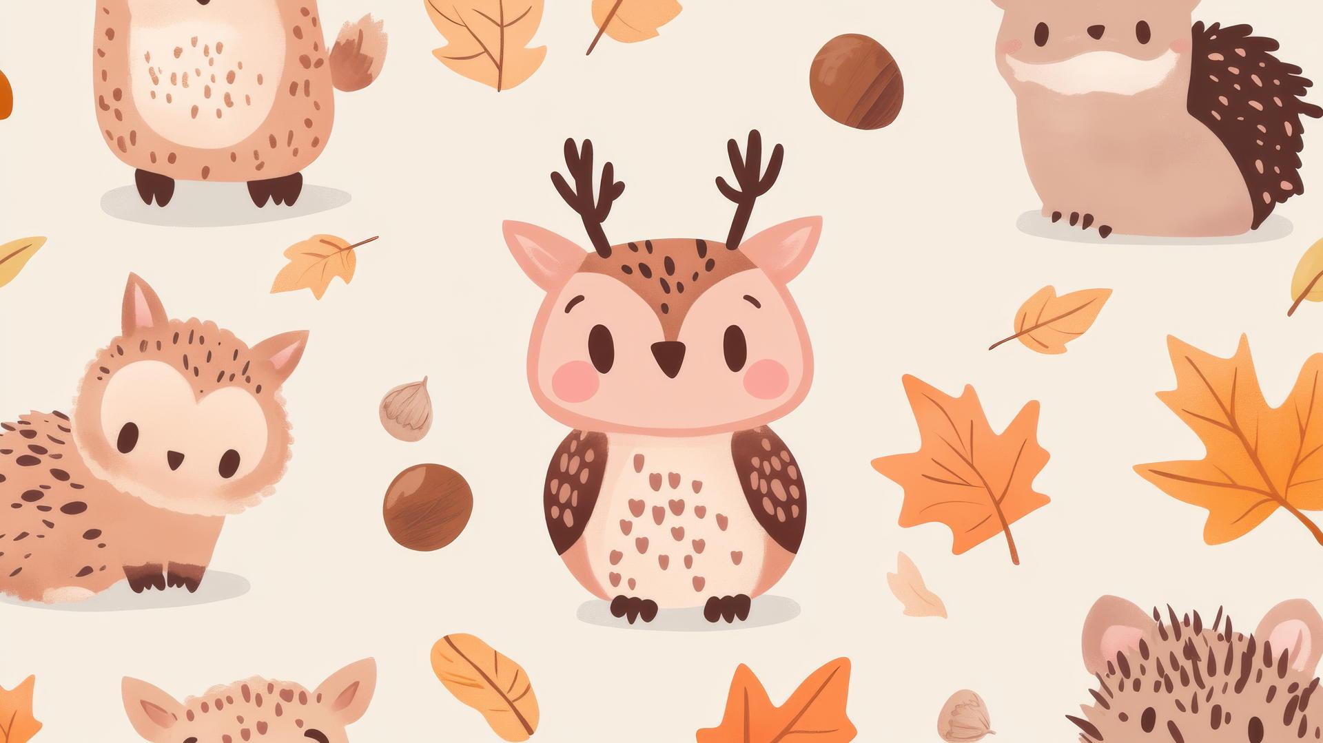 Woodland animals with autumn leaves in pastel colors