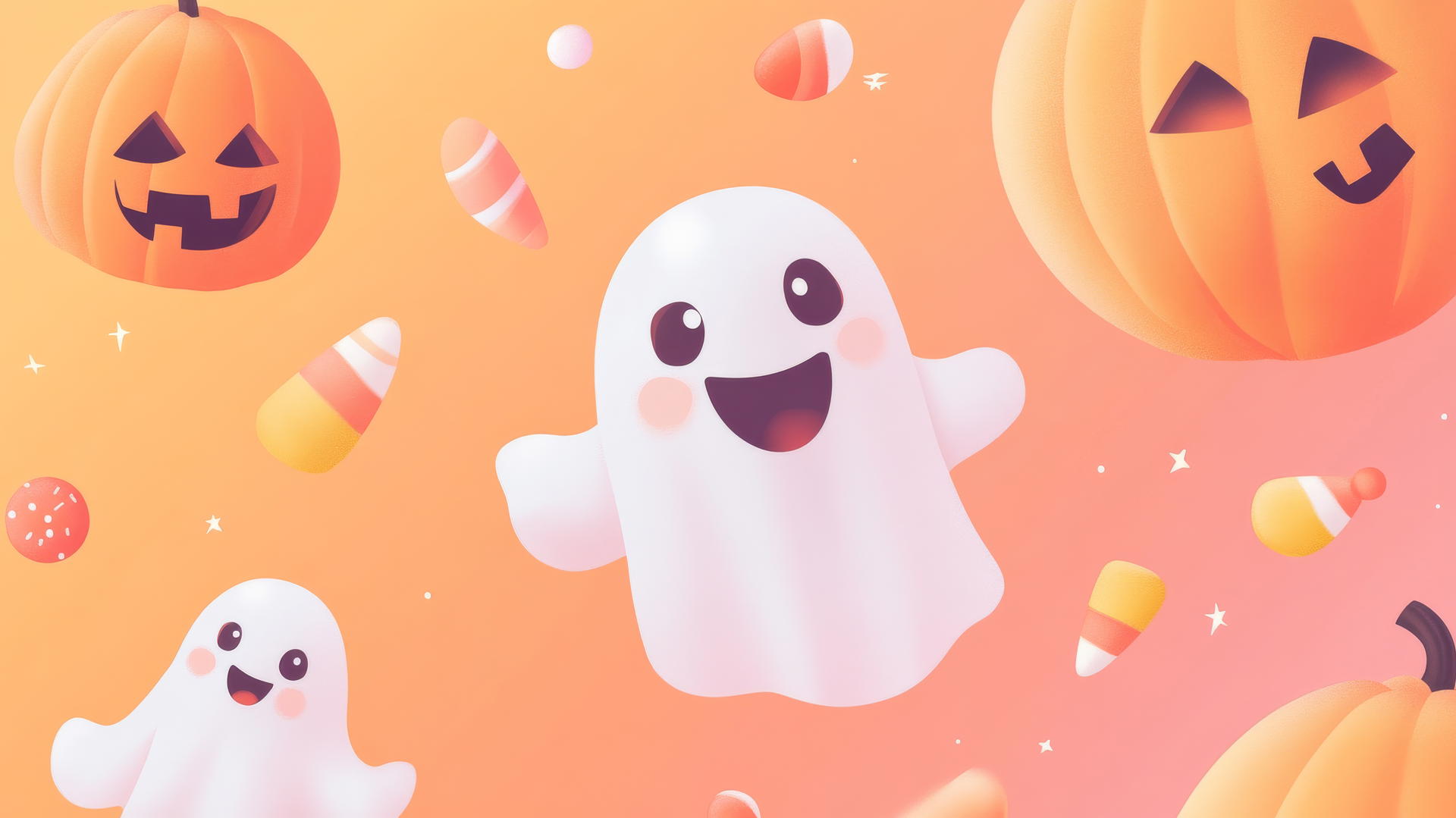 Retro Halloween pattern with pumpkins, ghosts, and candy
