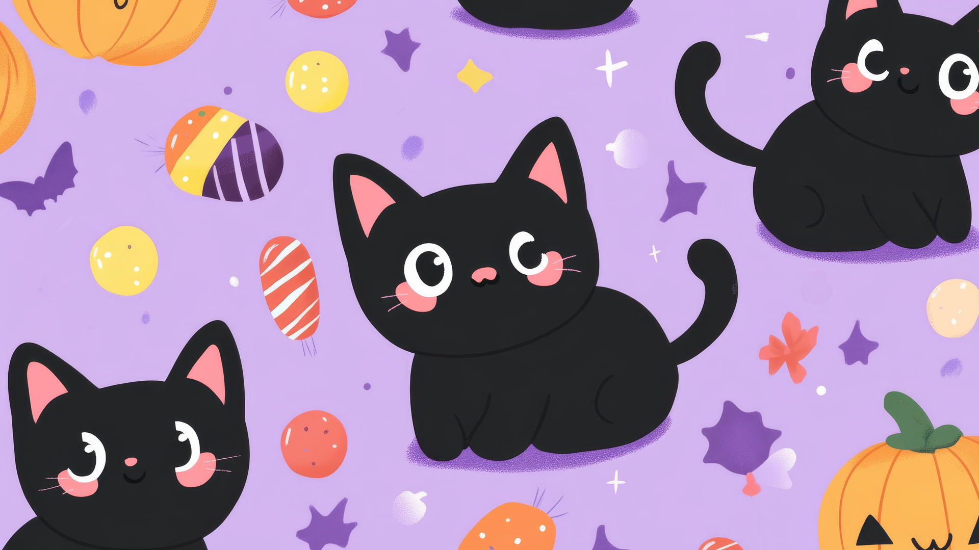 Cute black cats, pumpkins, and candy on lavender background