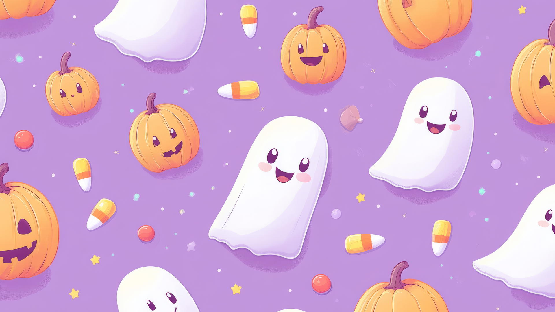 cute pumpkins, ghosts, and candy corn on pastel purple