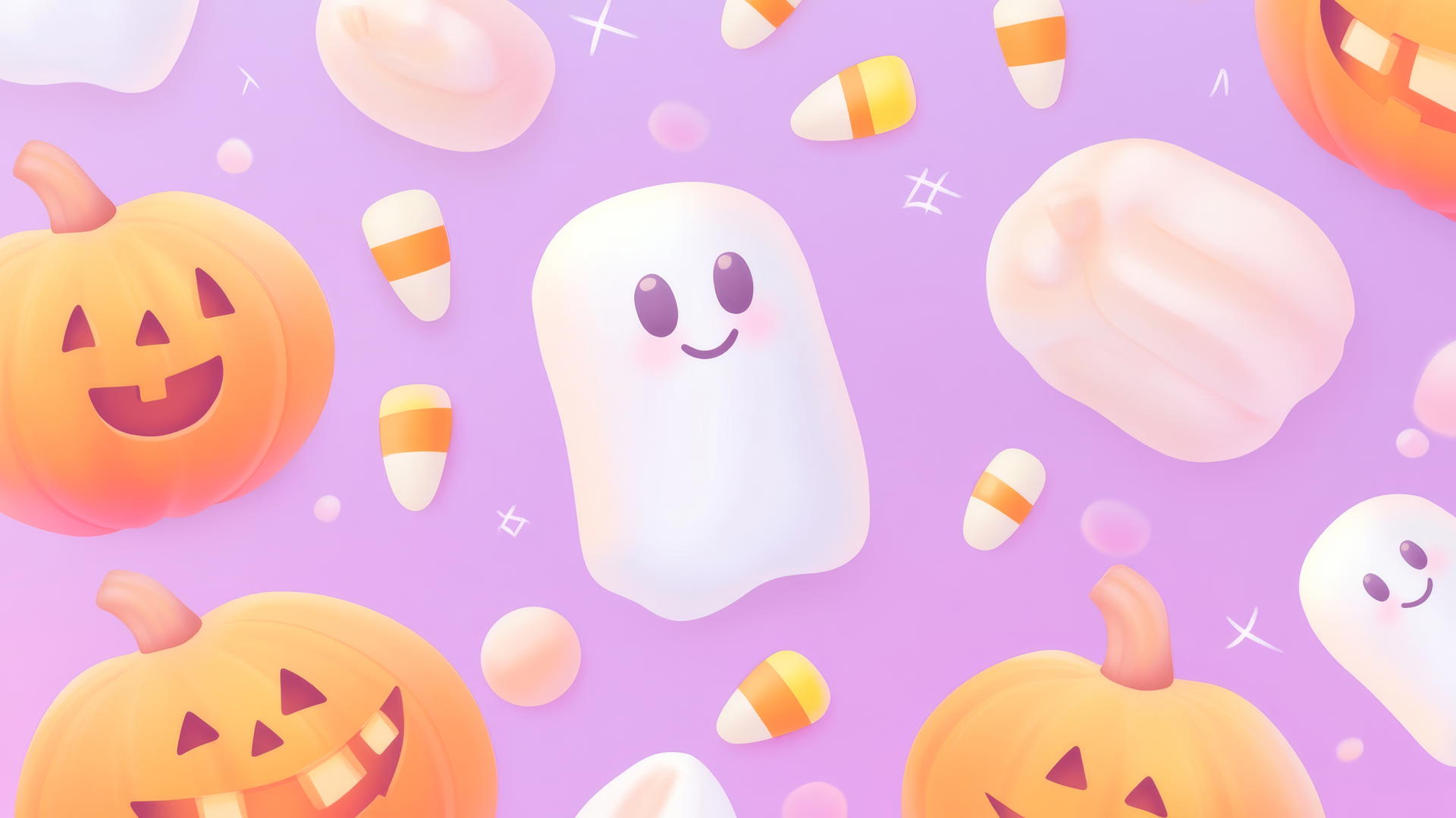 Cute pumpkins, ghosts, and candy corn on pastel purple