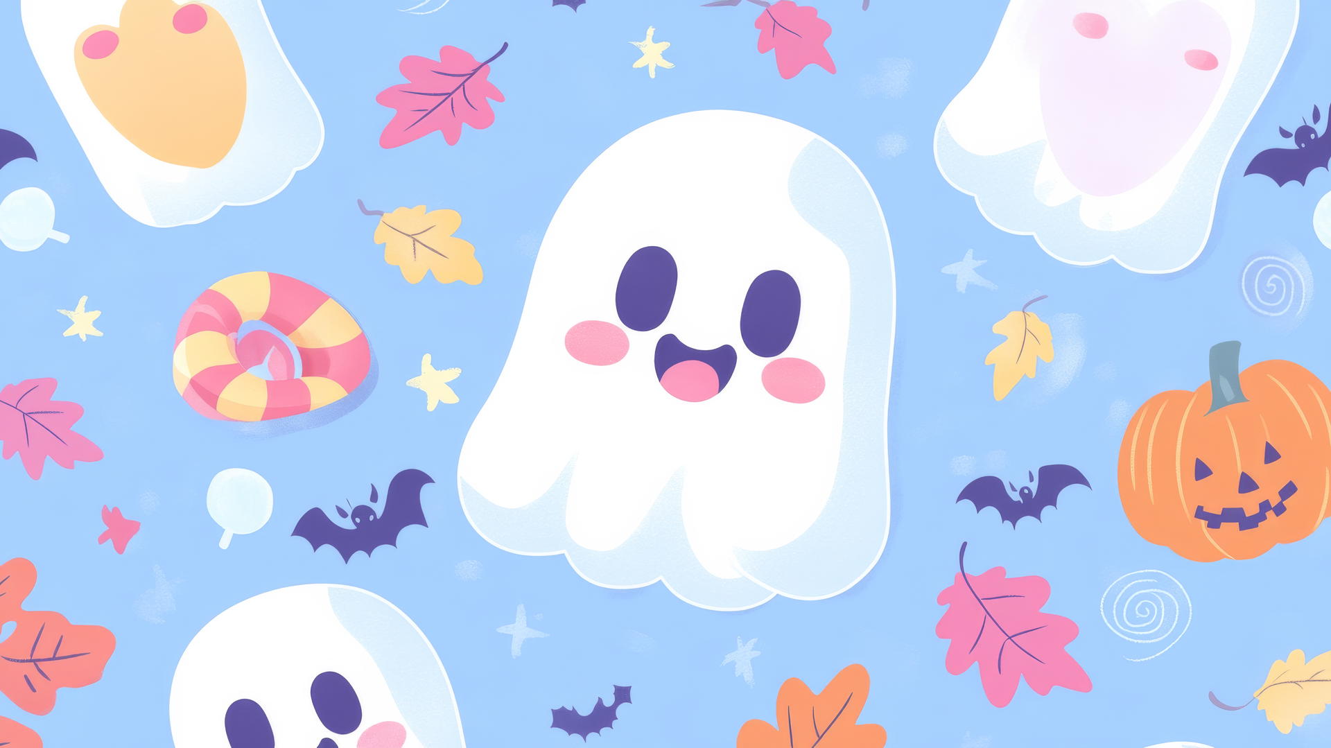 Cute ghosts and candy with autumn leaves on pastel blue