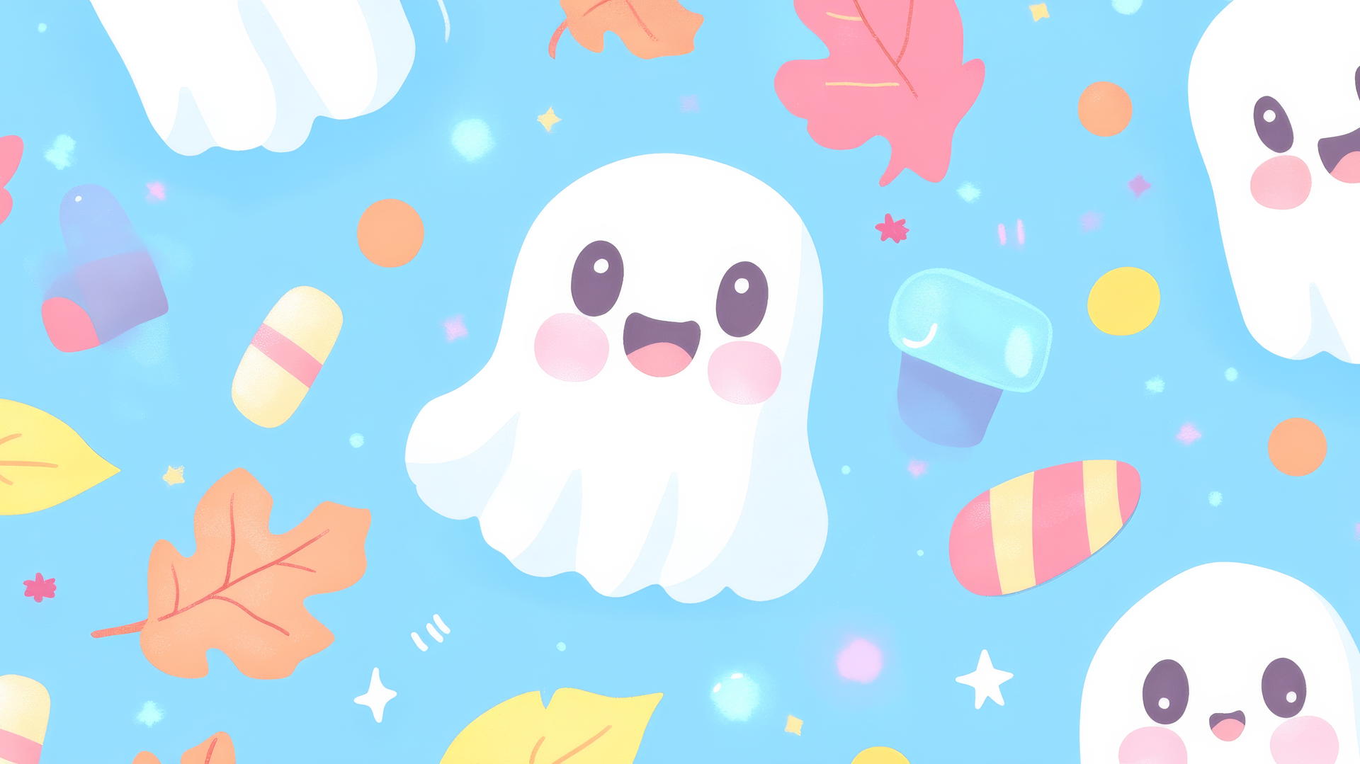 Halloween pattern with ghosts, candy, and leaves on pastel blue