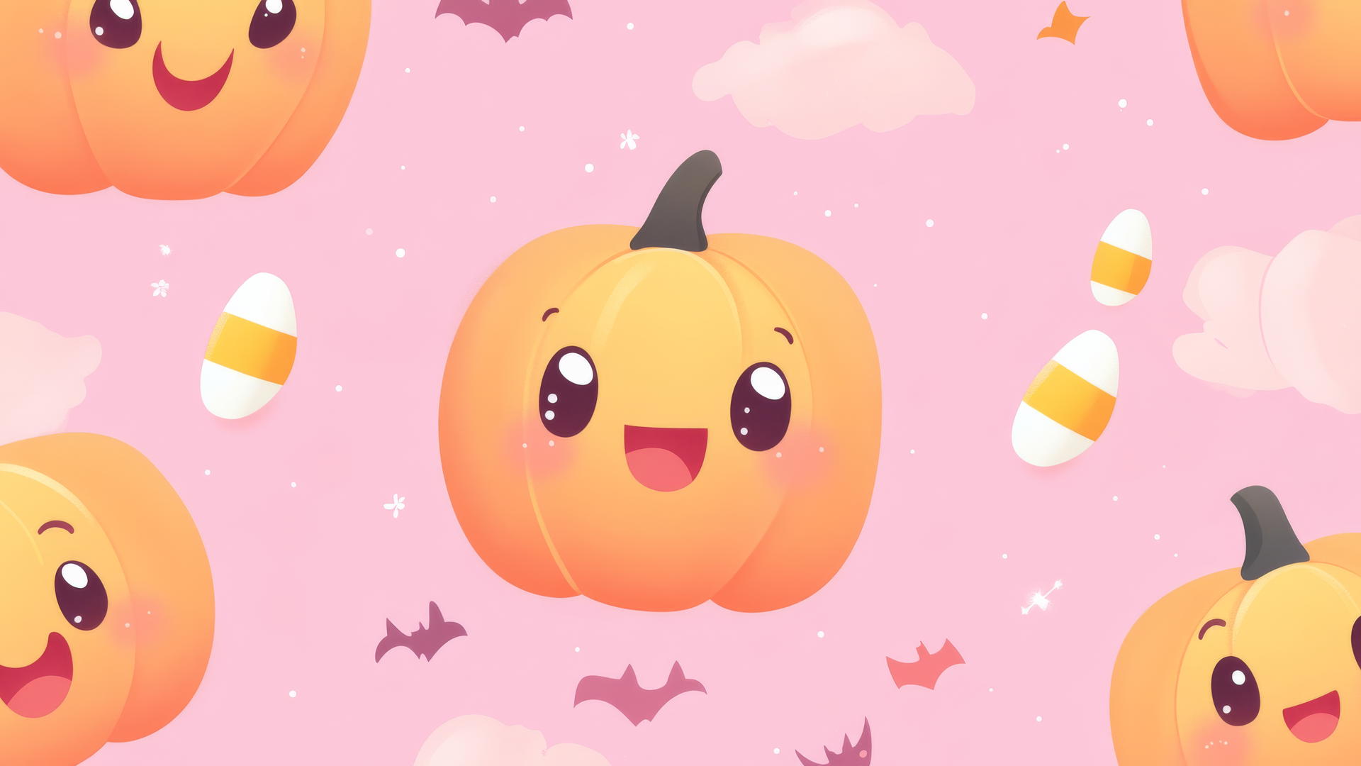 Cartoon pumpkins and candy corn on pink background