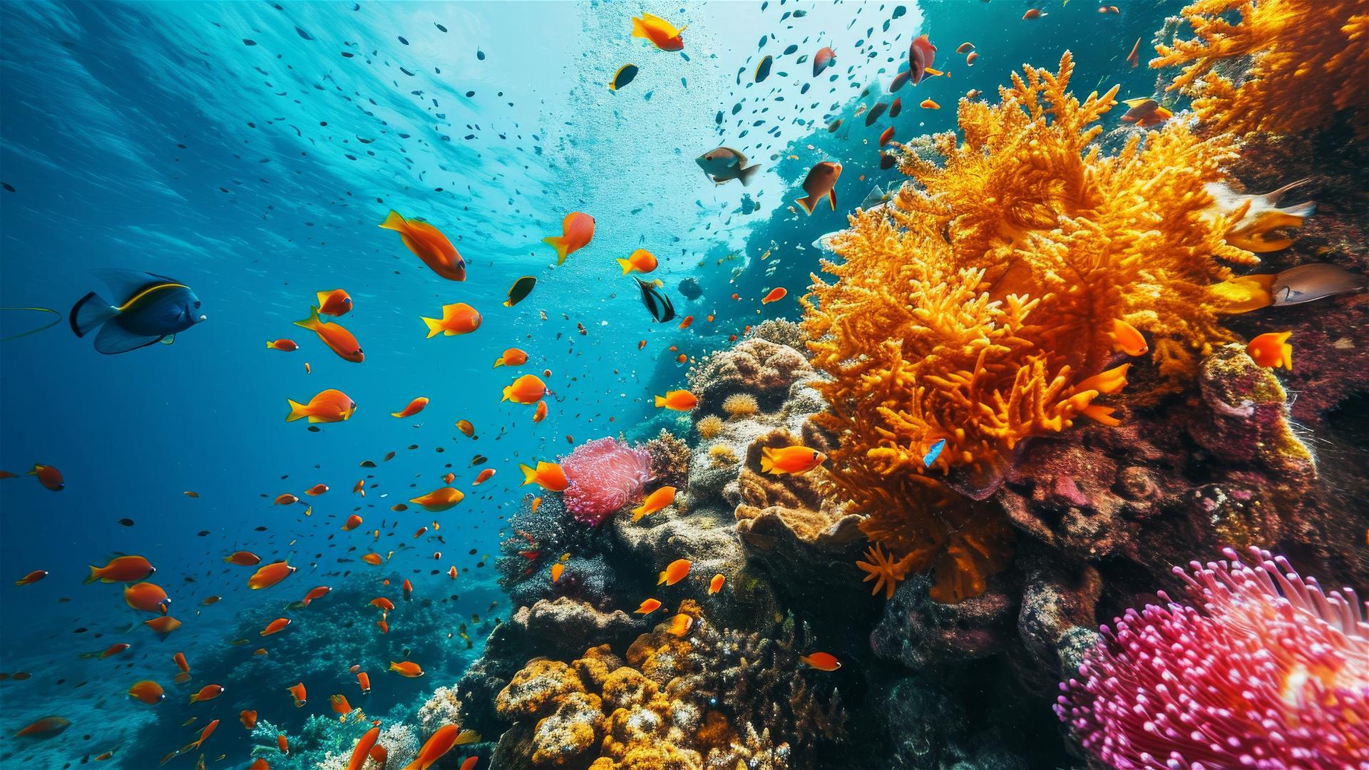 Colorful fish swimming around a vibrant coral reef.