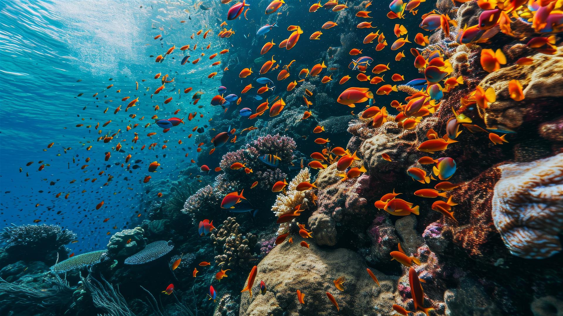 Colorful fish swimming around a vibrant coral reef.