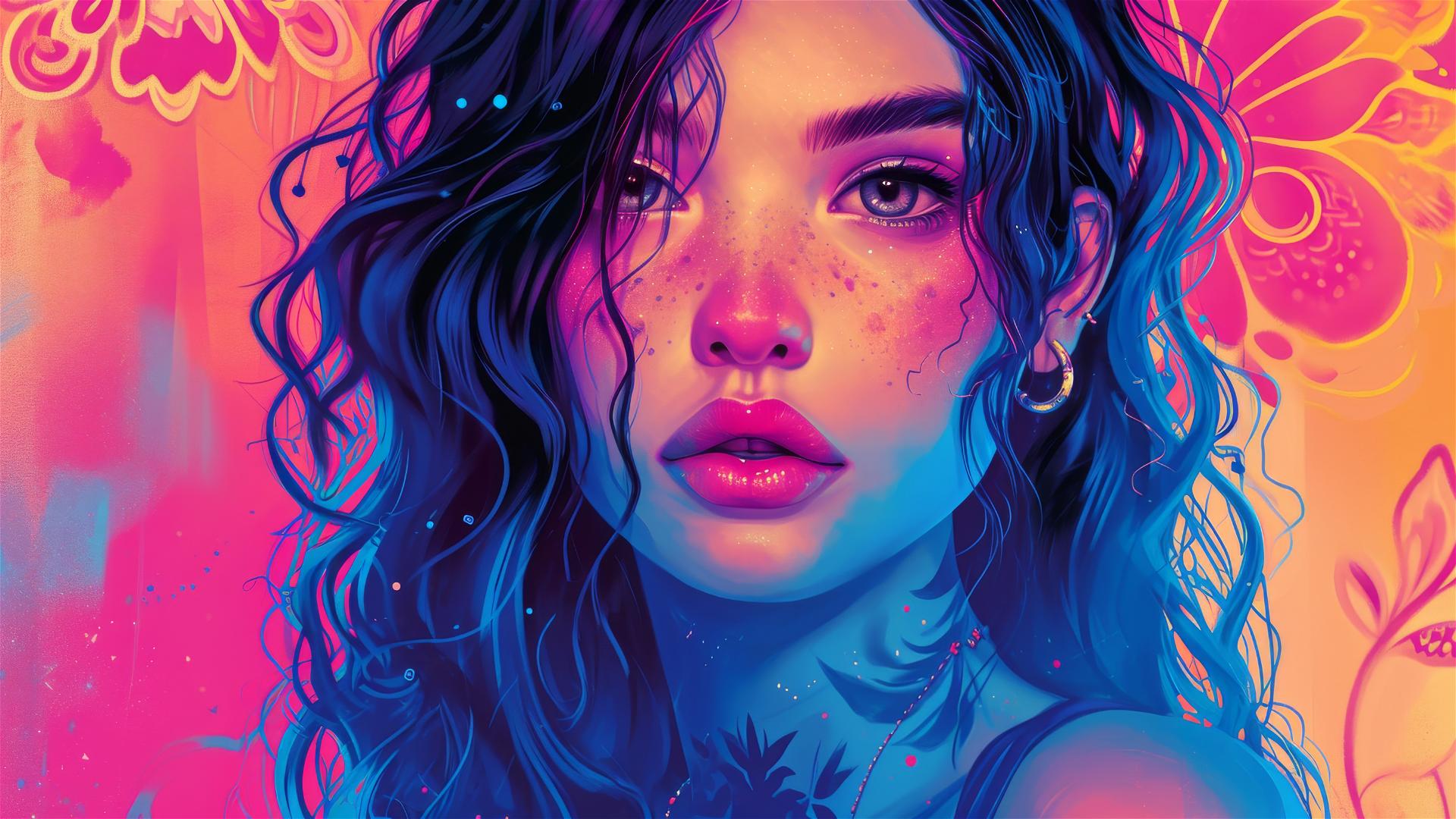 Kawaii tattoo-style young woman in blue and pink