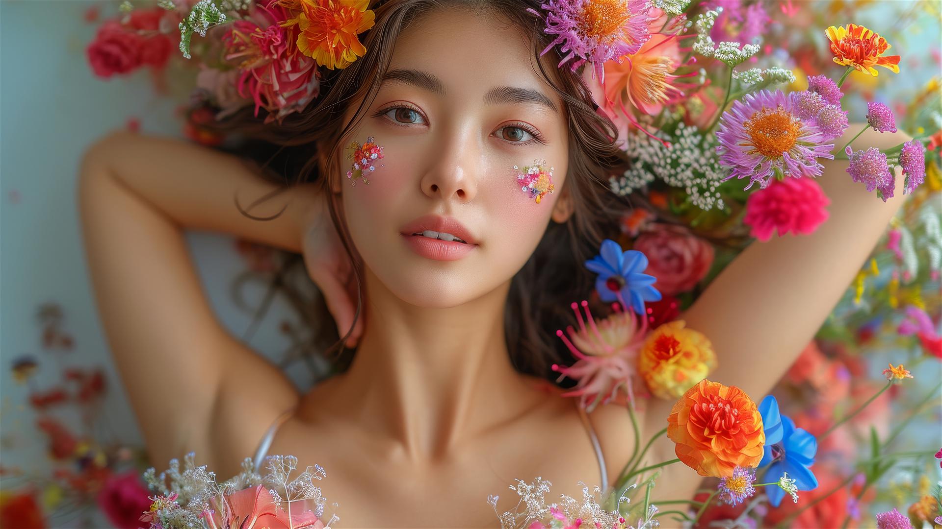 Young Korean woman in floral beaded suit, low angle studio shot