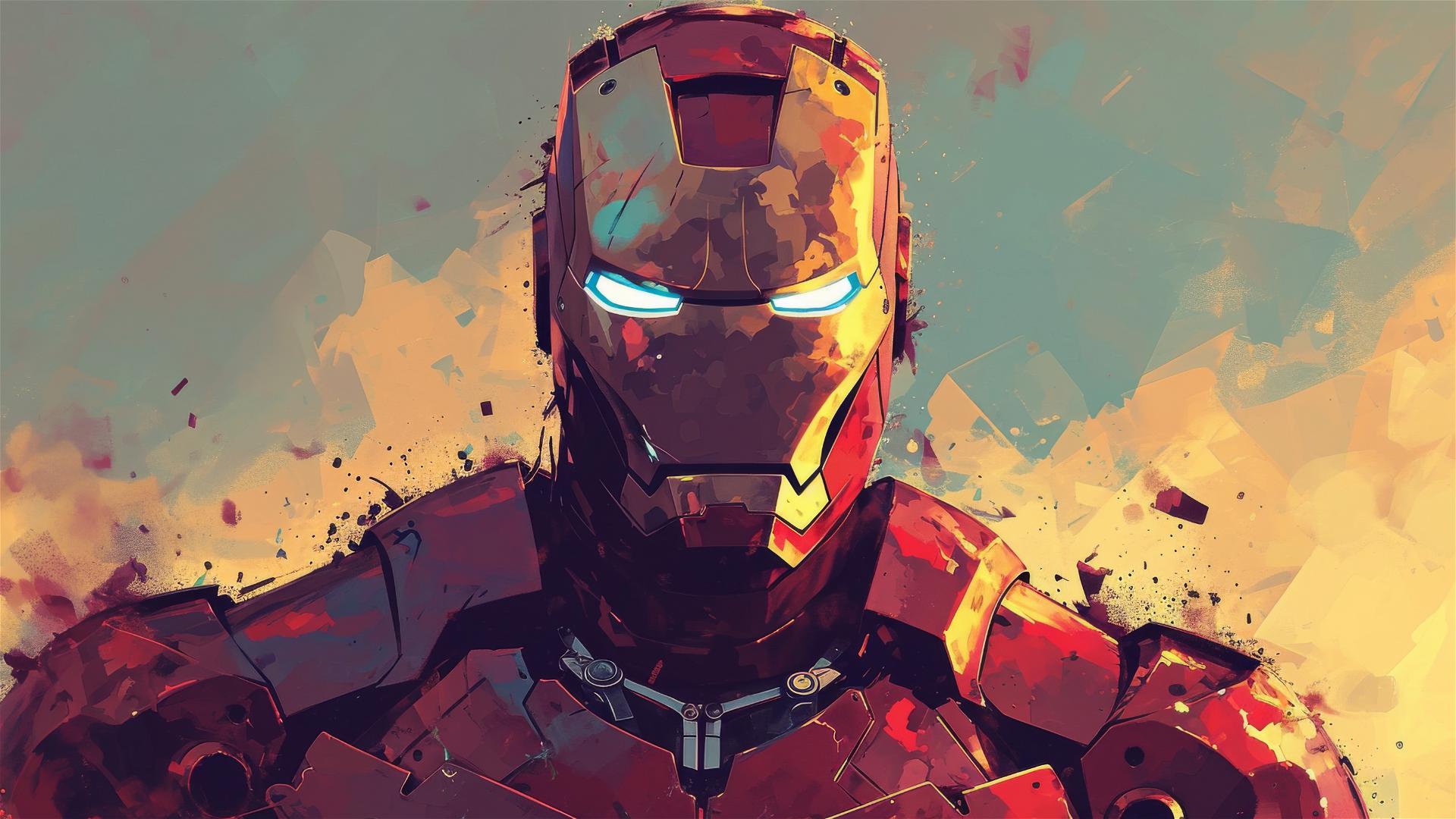 Cartoon Ironman with exaggerated features in a vibrant landscape