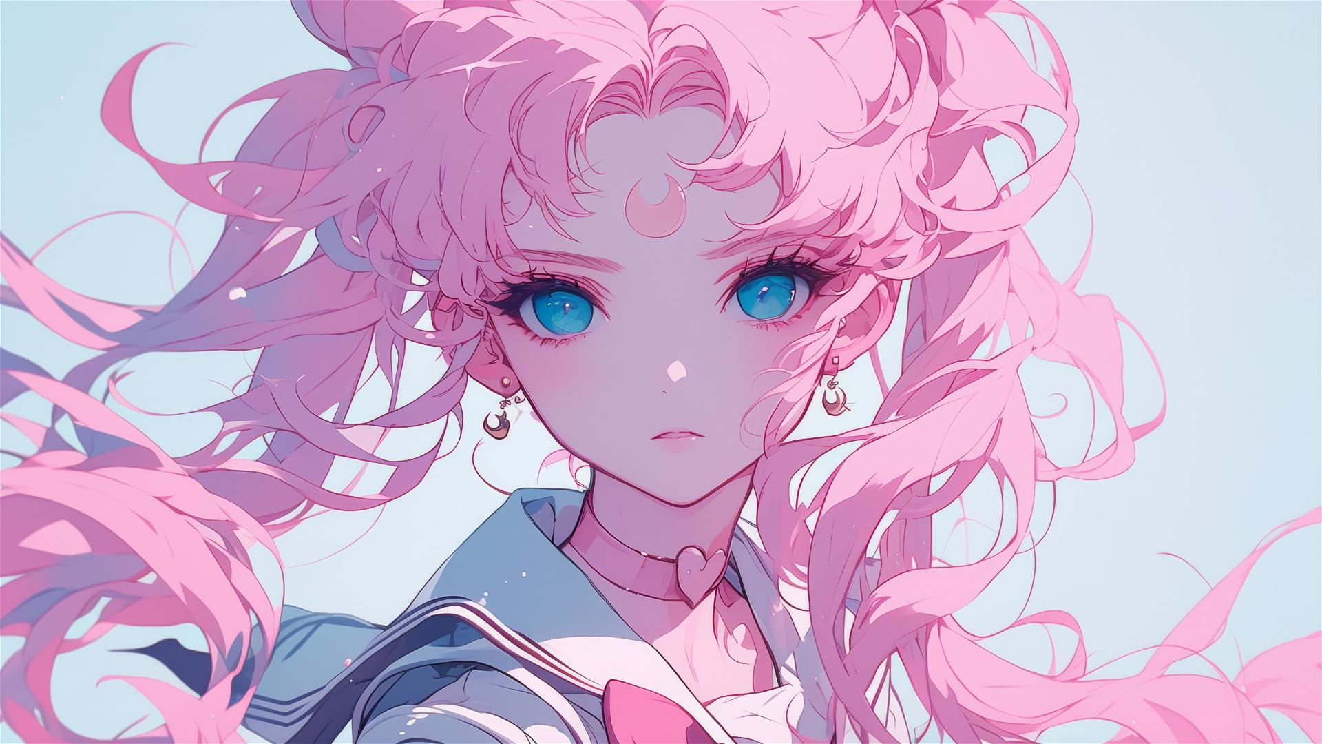 Shy girl with long pink hair in 1980s anime style