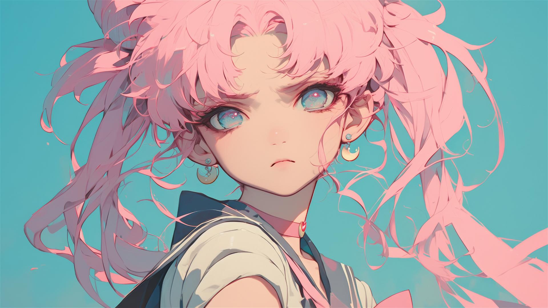 Shy girl with long pink hair in 1980s anime style