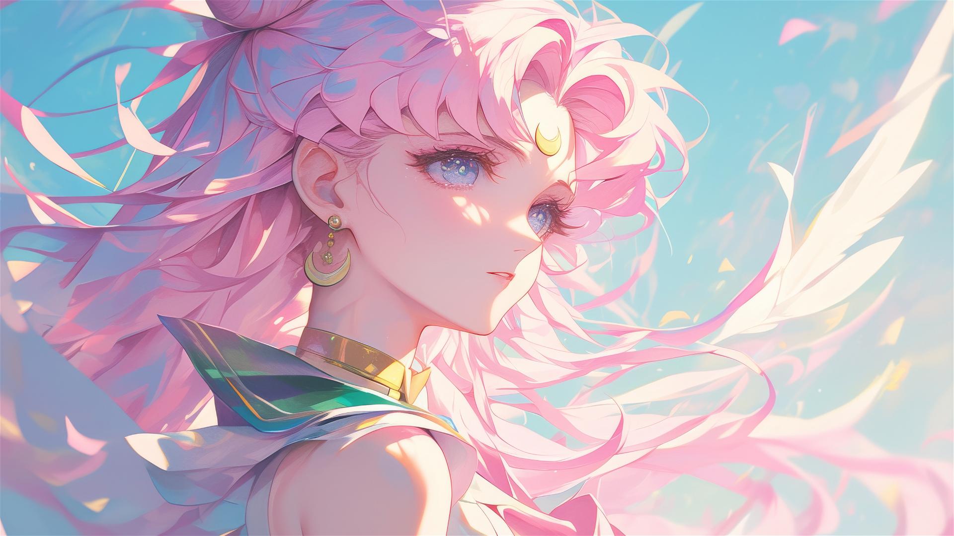 Illustration of shy girl with long pink hair in 1980s anime style, inspired by Sailor Moon.
