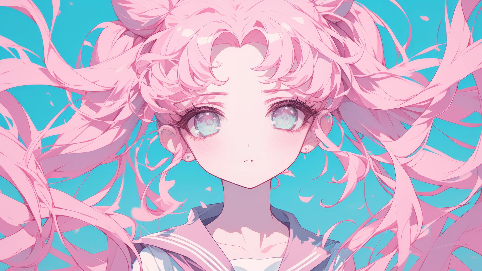 Shy girl with long pink hair in 1980s anime style, inspired by Sailor Moon.
