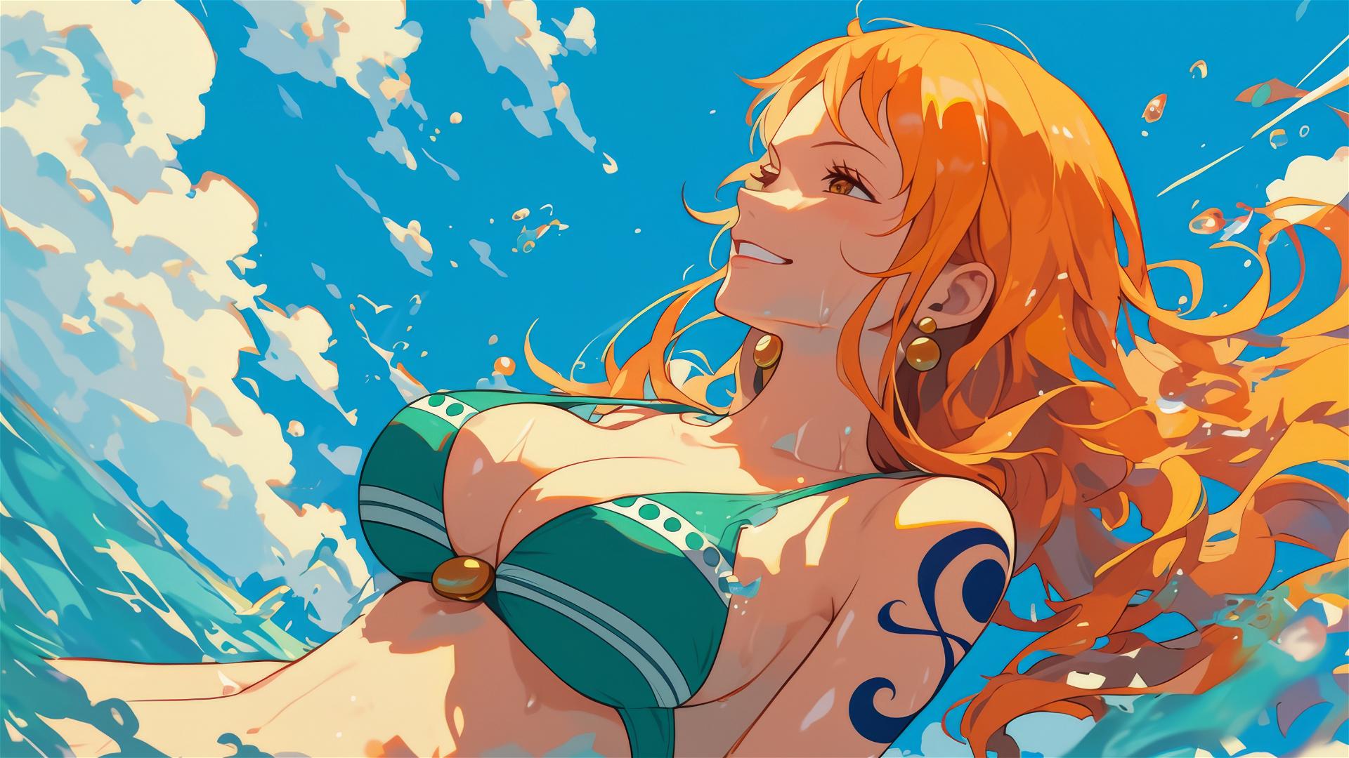 Low angle illustration of Nami from One Piece.
