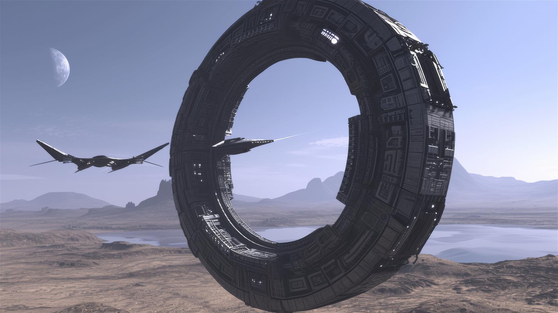 Artistic depiction of intergalactic travel through a Stargate.