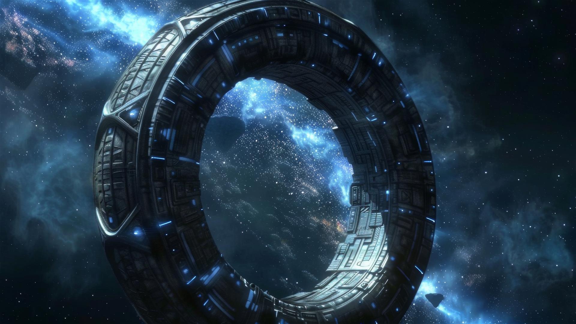 Intergalactic Stargate portal with cosmic backdrop