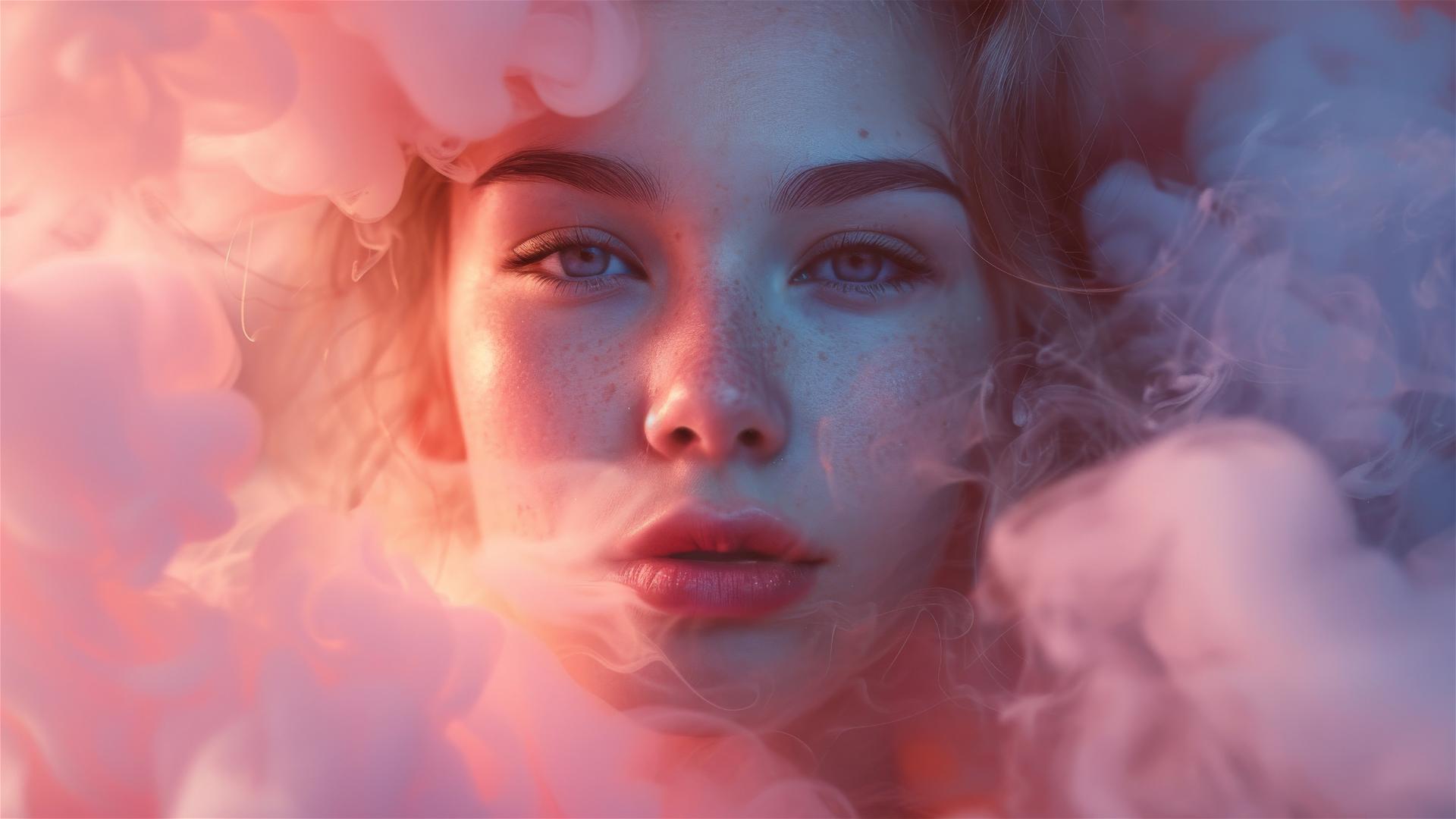 Woman in pink smoke, soft light, 35mm film portrait