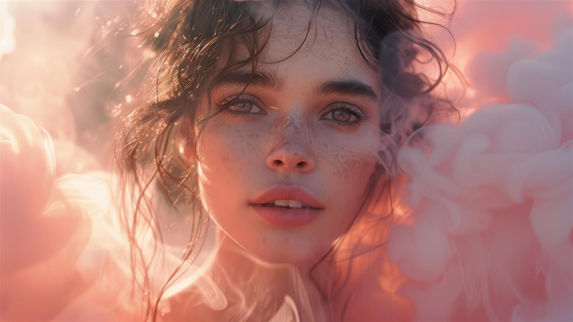 Woman in pink smoke, soft light, 35mm film portrait