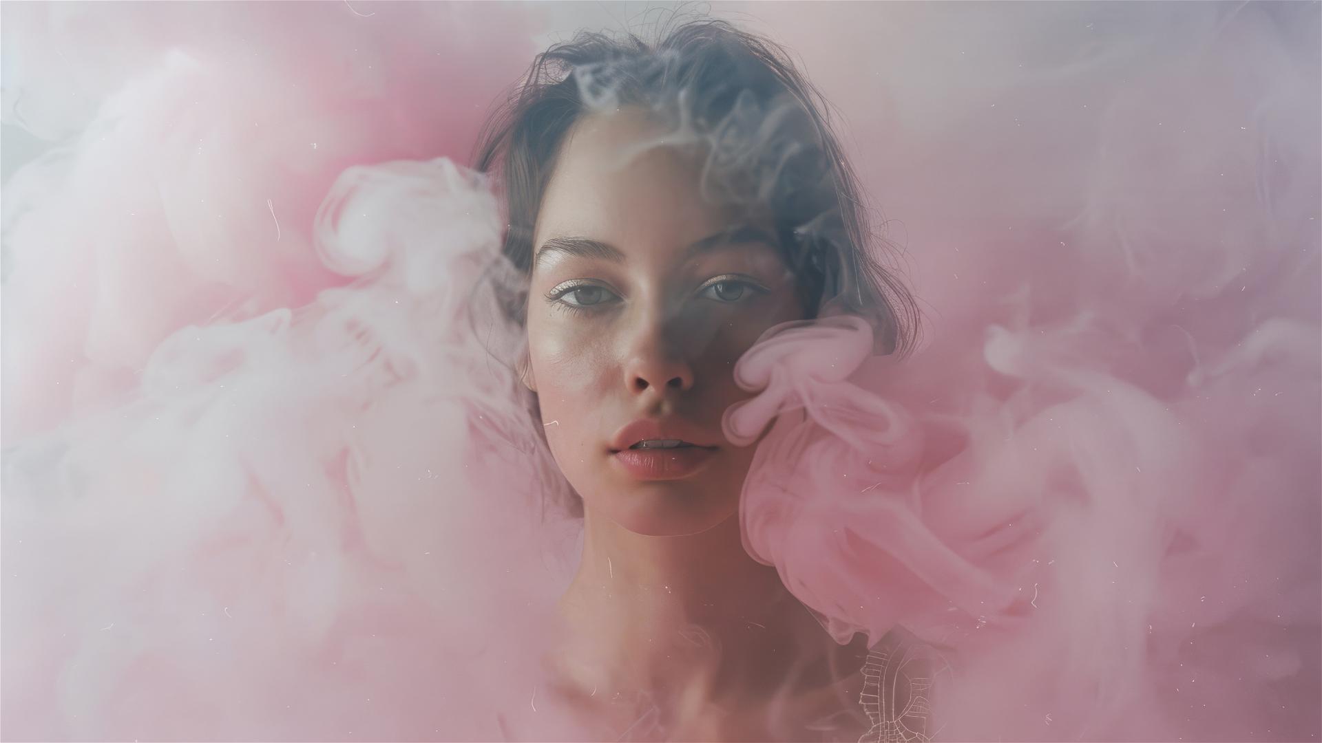 Aerial portrait of a woman enveloped in pink smoke, 35mm film style.