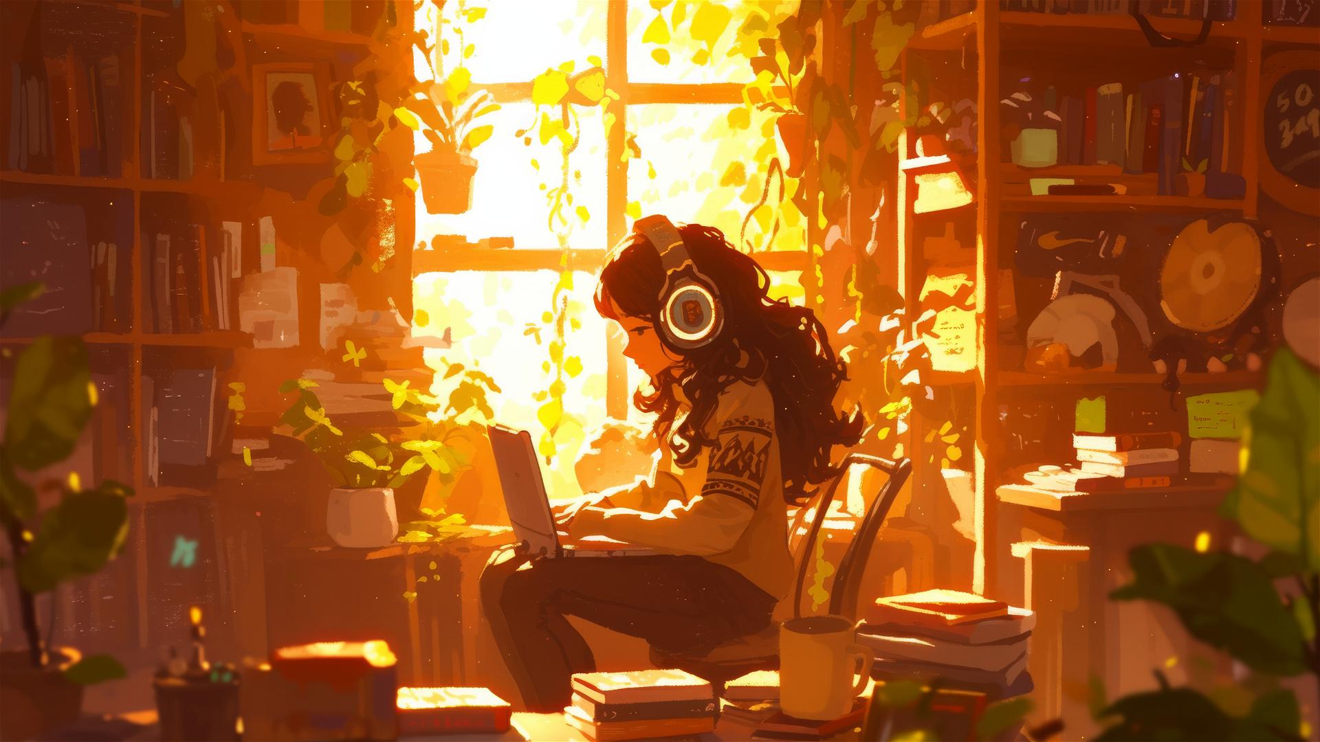 Girl daydreaming with headphones in a whimsical room, Ghibli-style.