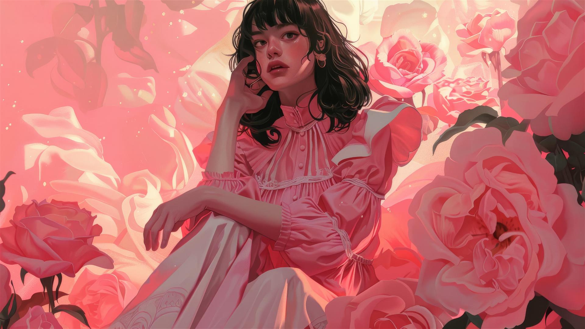 Genderless figure in pink on roses, gothic gongbi style.