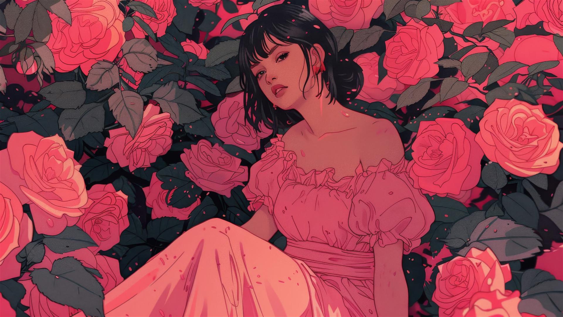 Genderless figure in pink on roses, gothic gongbi style