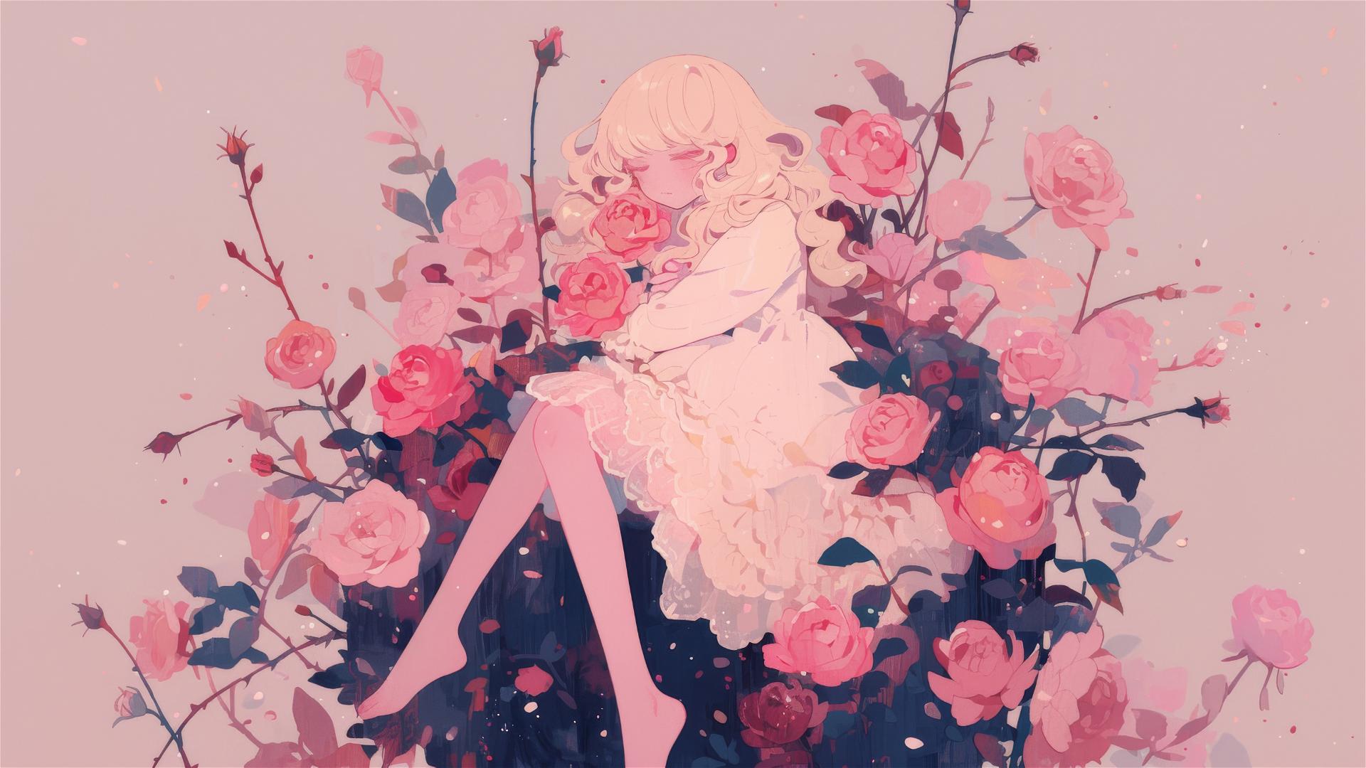 Genderless figure in pink on roses, gothic gongbi style, subtle colors.
