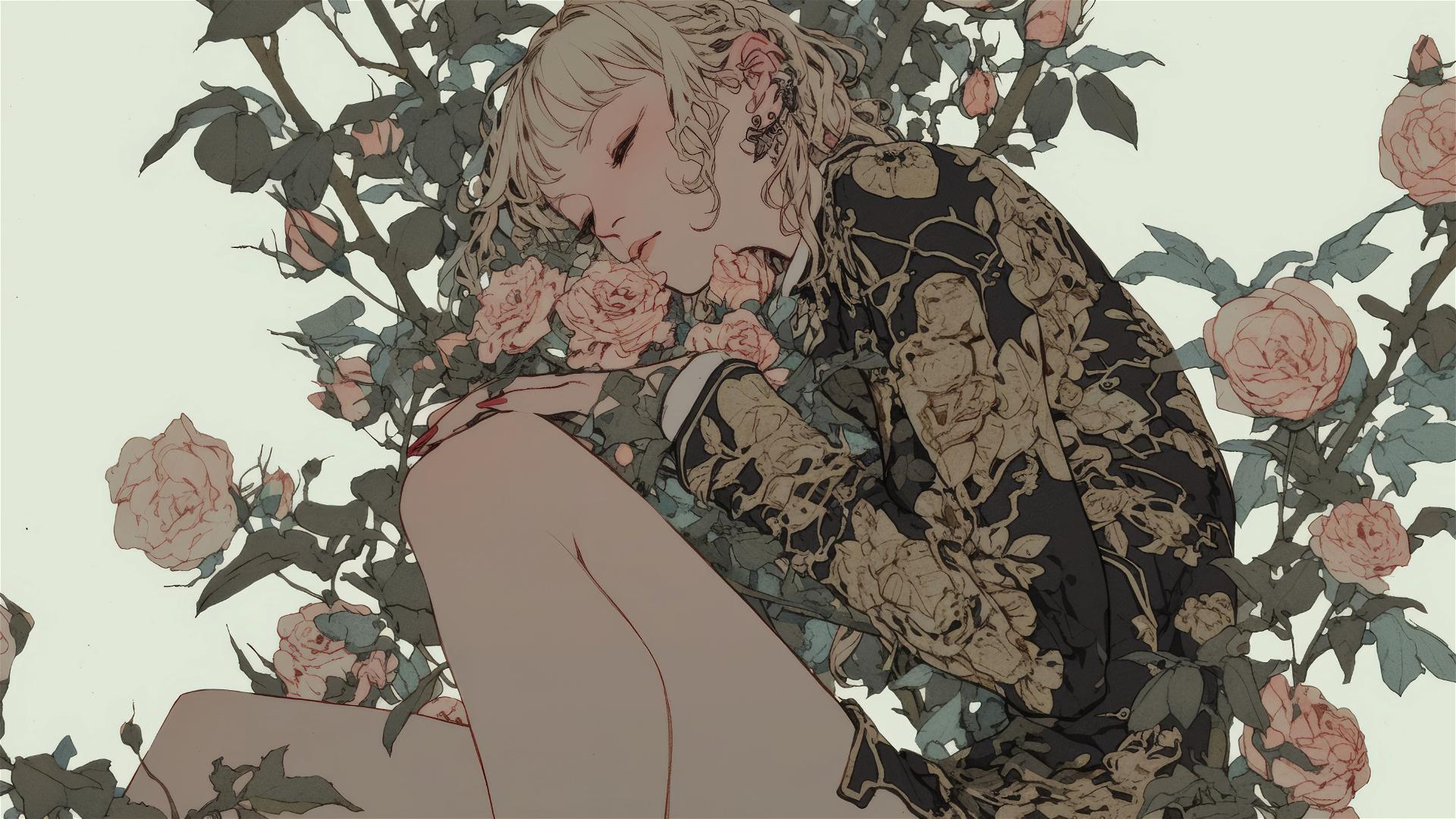 Genderless figure in pink on roses, gothic gongbi style, subtle colors, tondo.