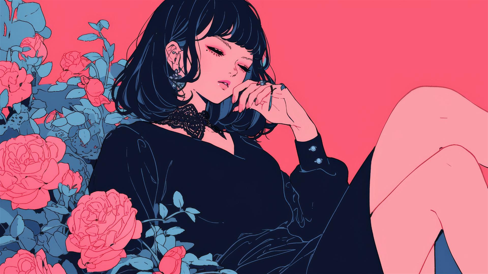 Genderless figure in pink on roses, gothic gongbi style, subtle colors, tondo.