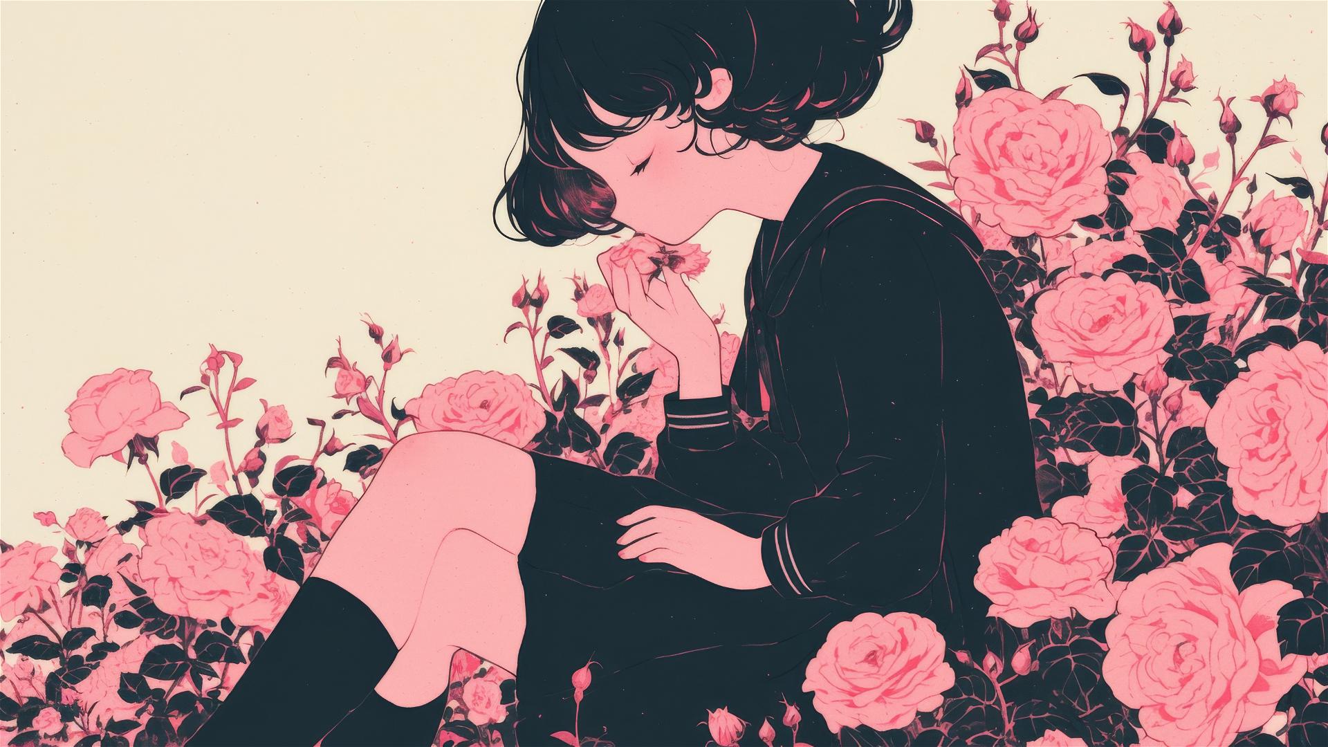 Genderless figure in pink on roses, gothic gongbi style