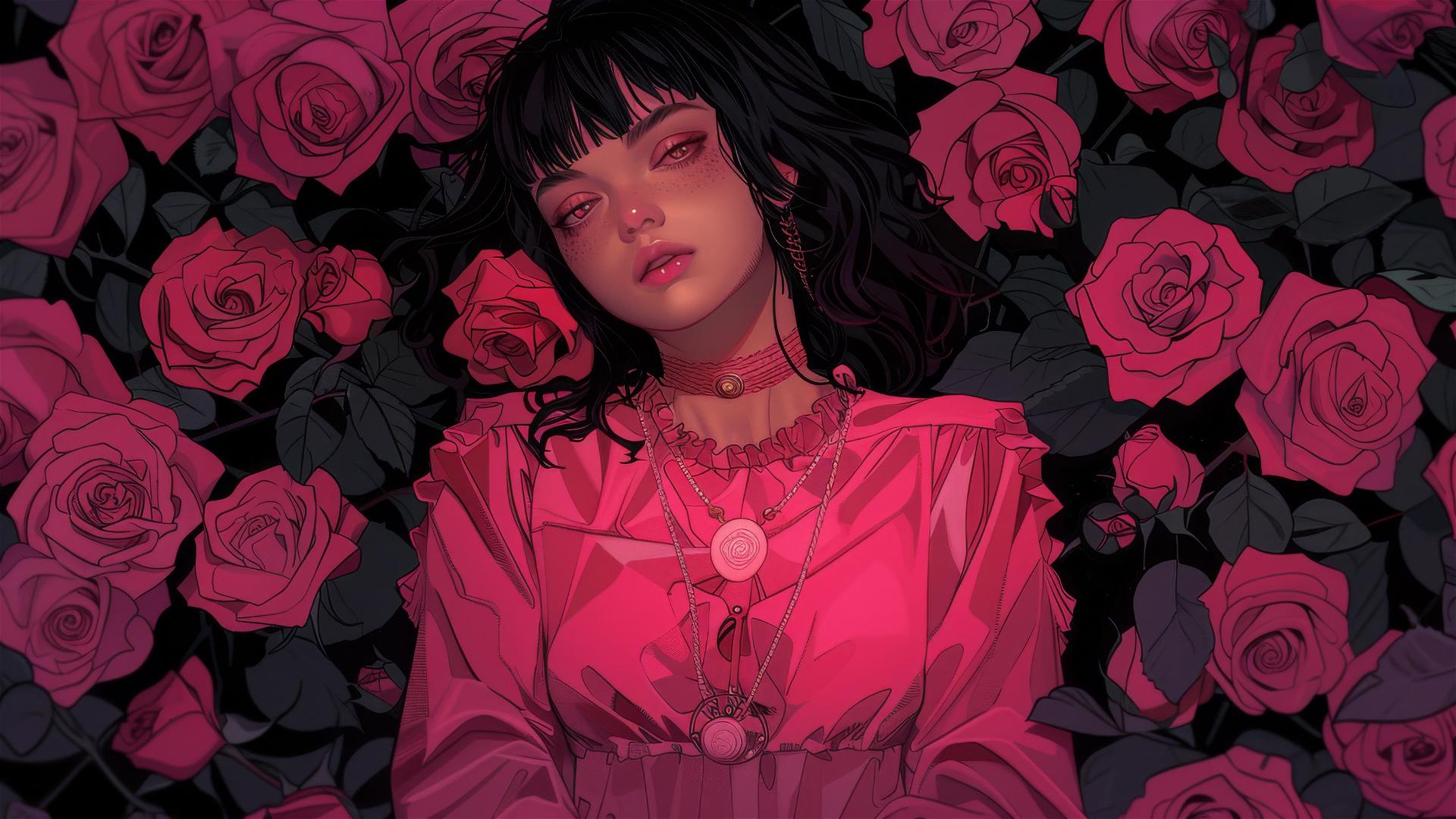 Genderless figure in pink on roses, gothic gongbi style, subtle colors, tondo.