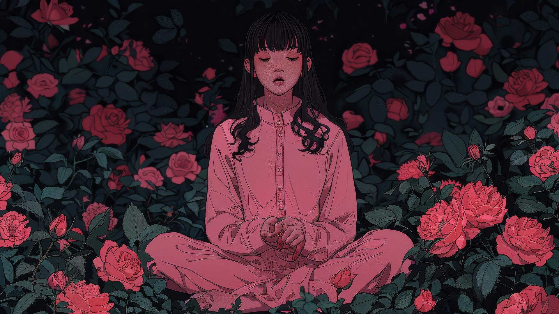 Genderless figure in pink on roses, gothic gongbi style, subtle colors, tondo.