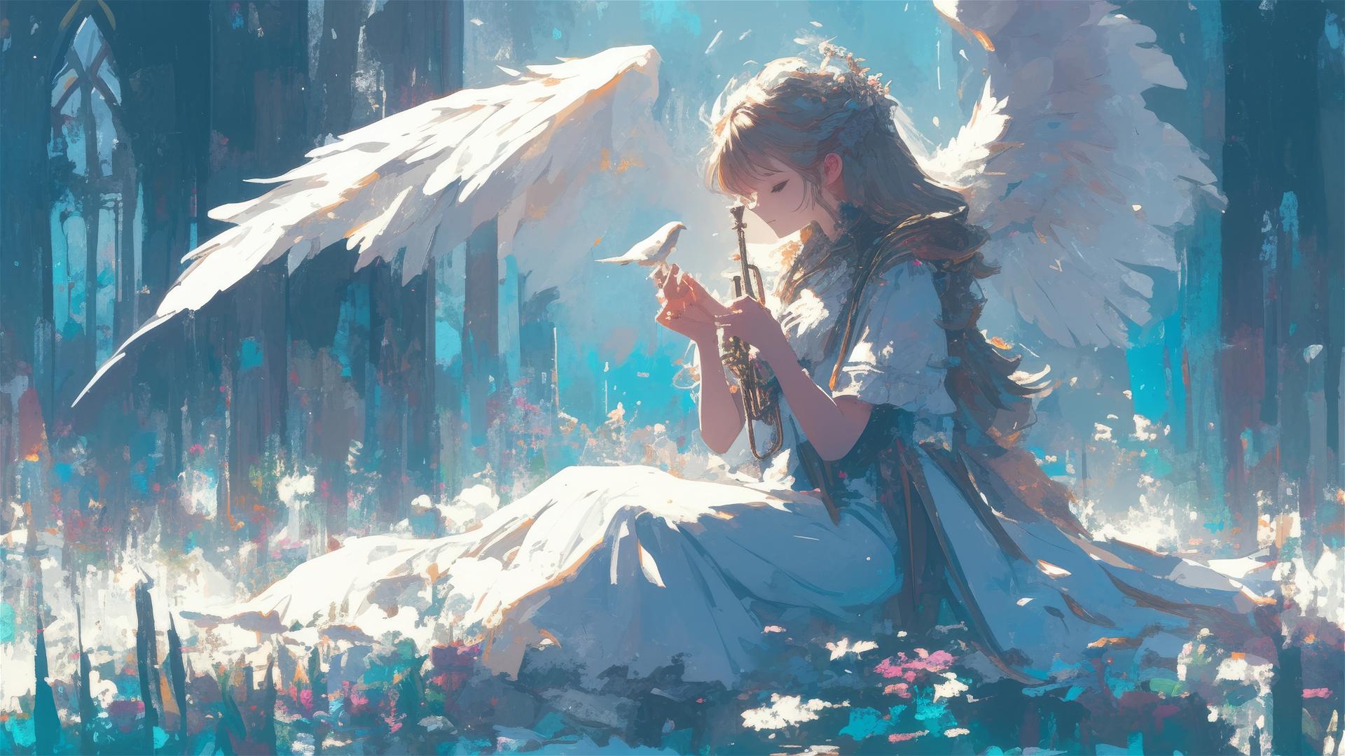 Panoramic view of a fairy playing a euphonium