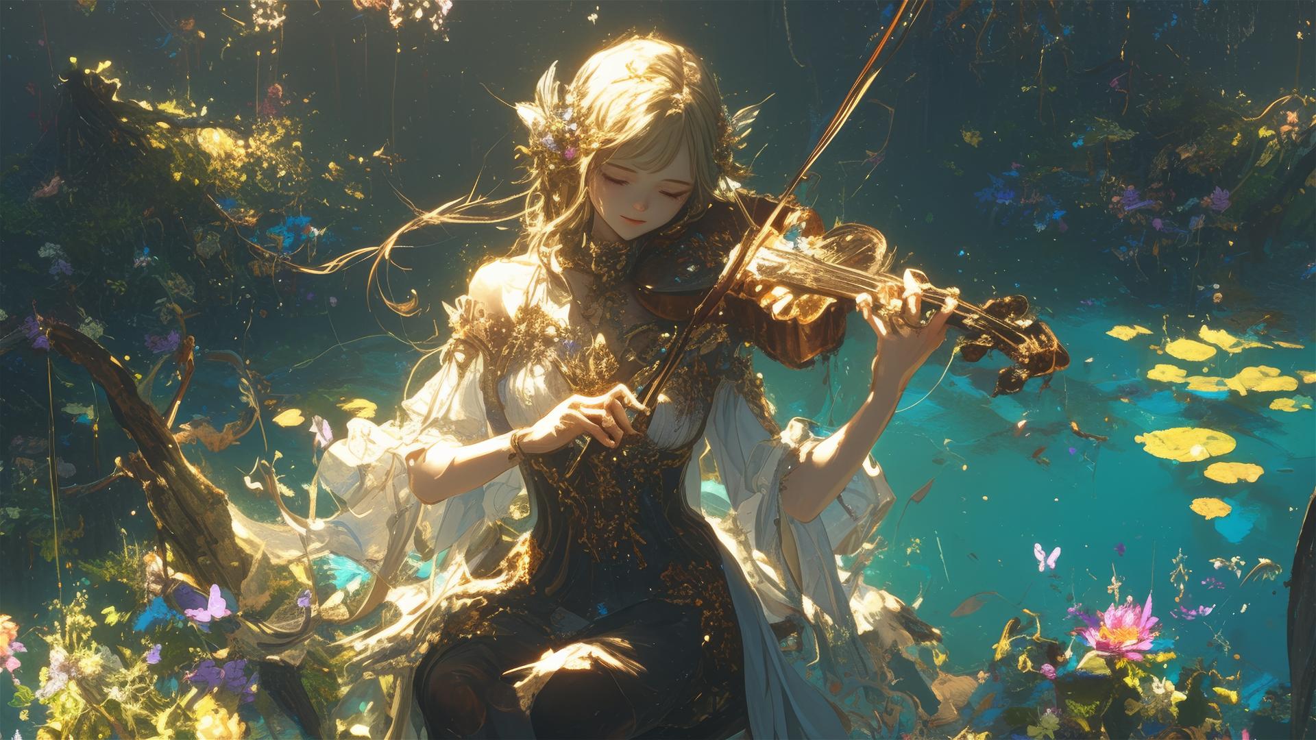 Aerial view of a fairy playing a euphonium.