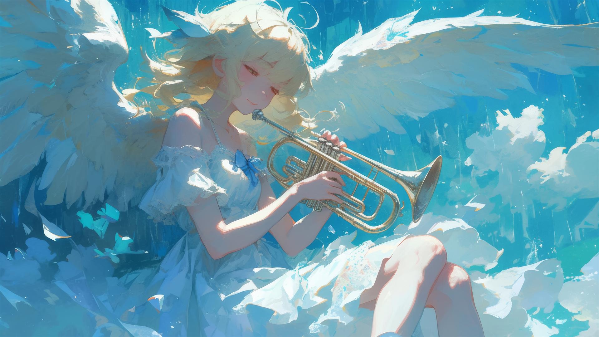 Top-down view of a fairy with a euphonium.