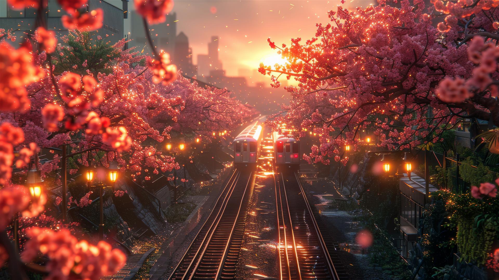 Train traveling through peach blossoms in spring light